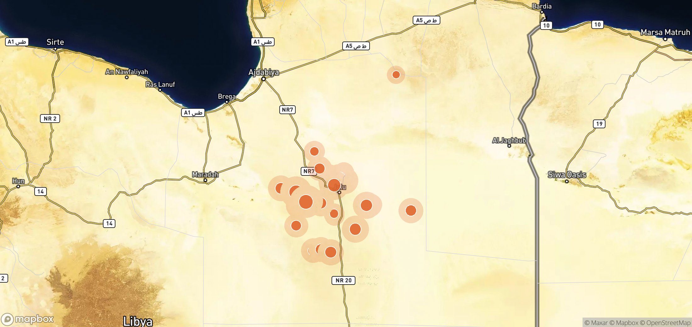 Mapa satelital de plumas de metano en Arabian Gulf Oil Company