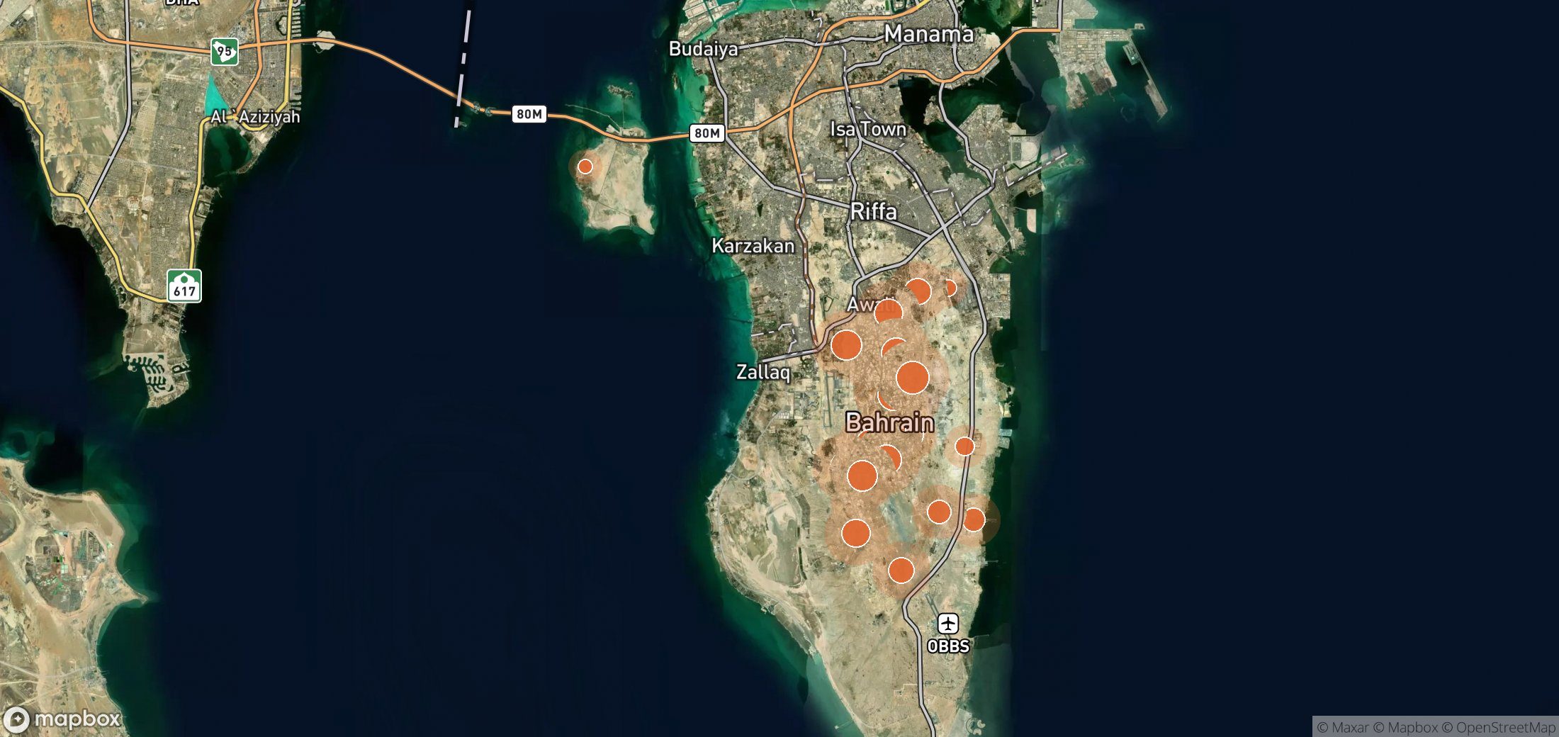 Satellite map of methane plume locations in Bapco Energies