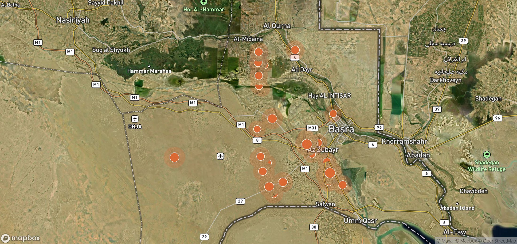 Satellite map of methane plume locations in Basra Oil Company