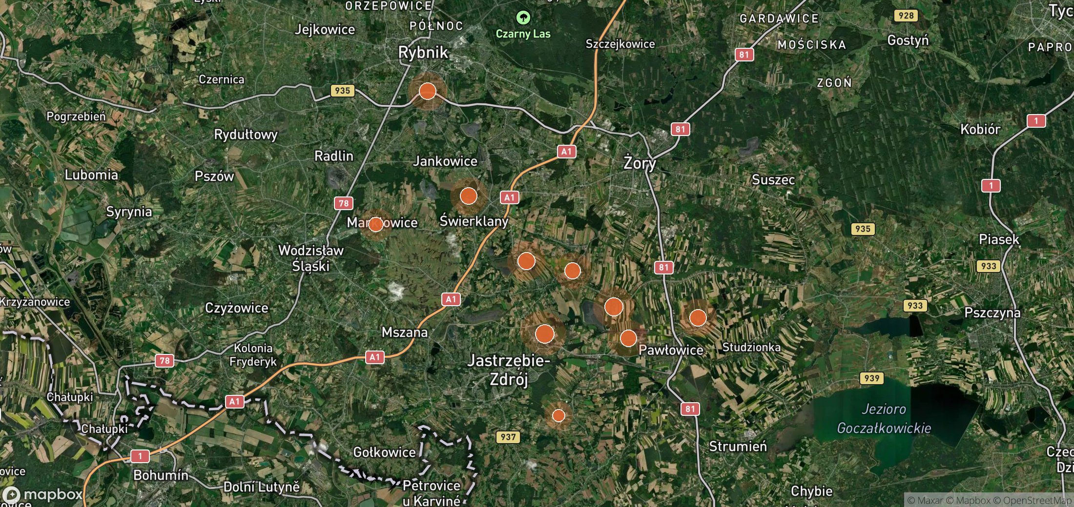Satellite map of methane plume locations in Jastrzębska Spółka Węglowa