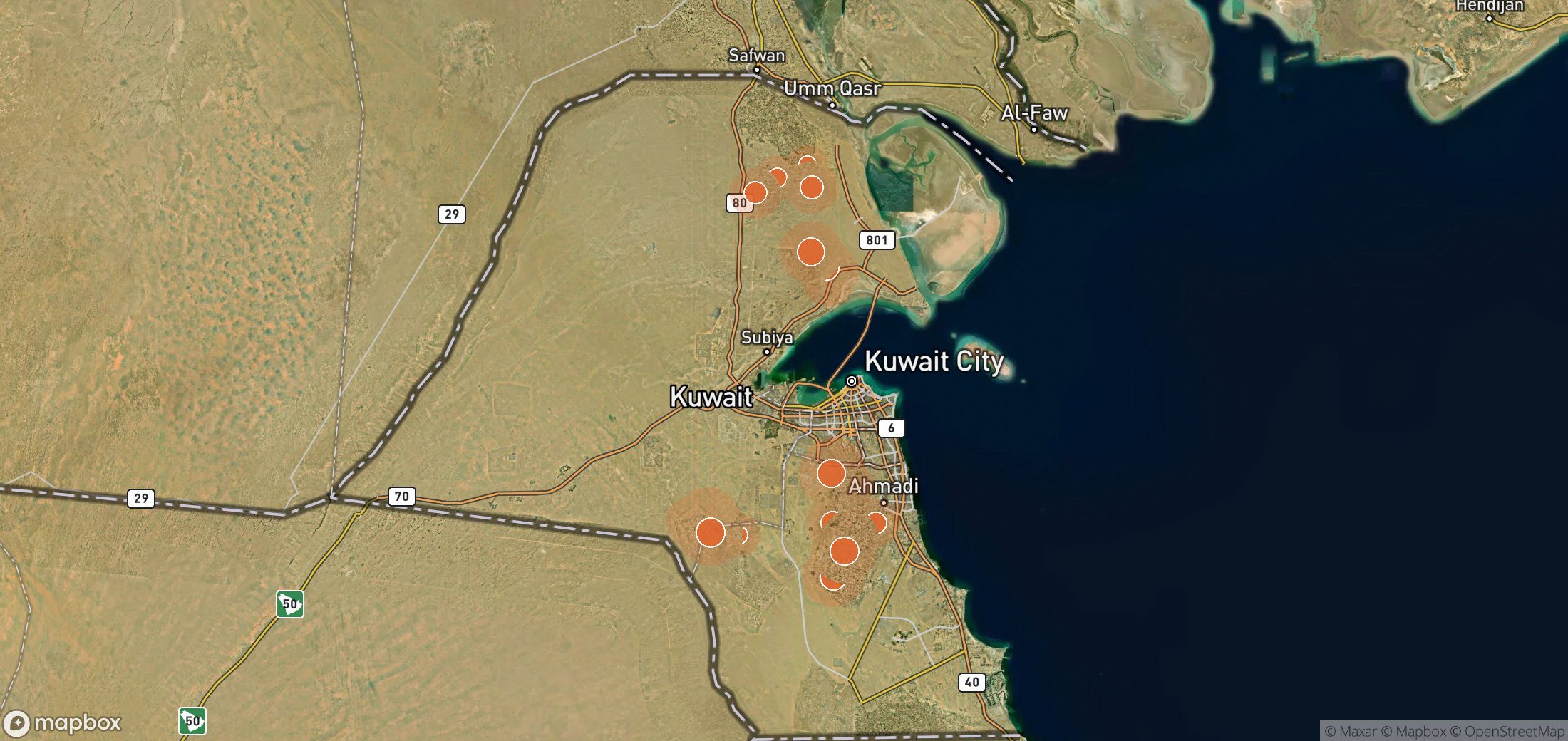 Mapa satelital de plumas de metano en Kuwait Oil Company