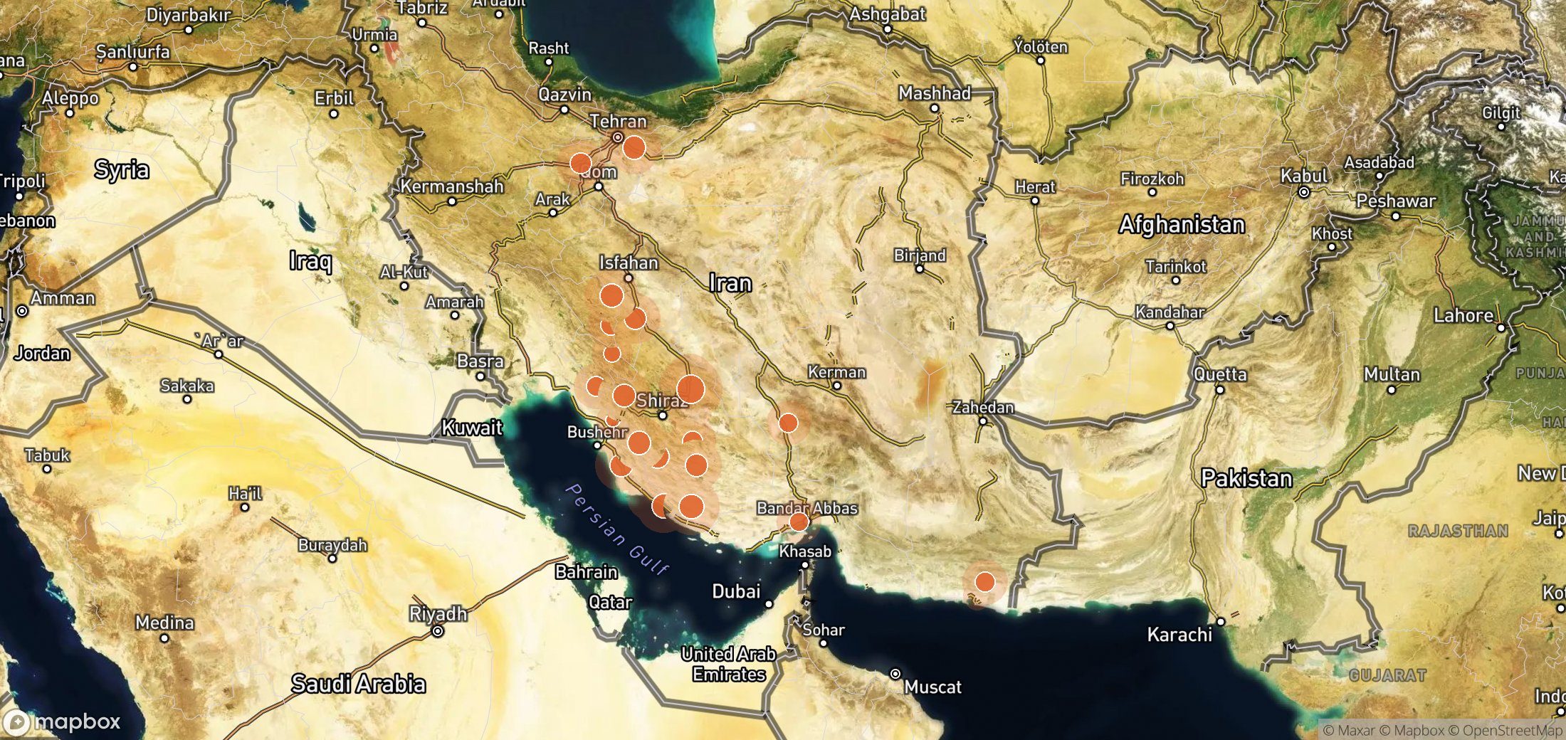 Satellite map of methane plume locations in National Iranian Oil Company