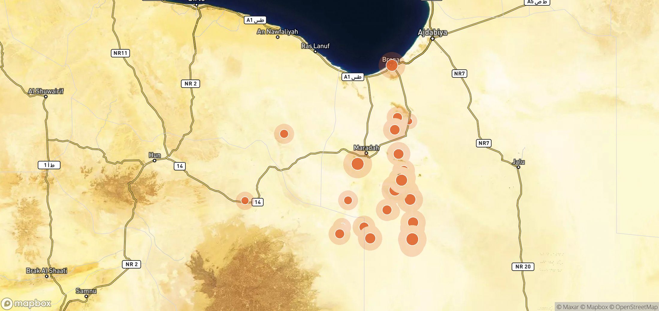 Mapa satelital de plumas de metano en National Oil Corporation