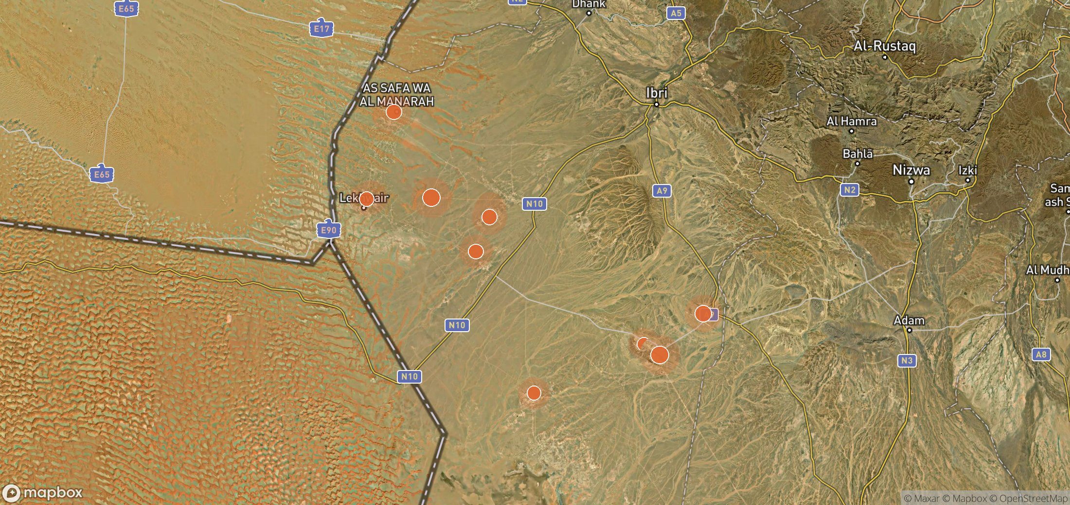 Mapa satelital de plumas de metano en Petroleum Development Oman