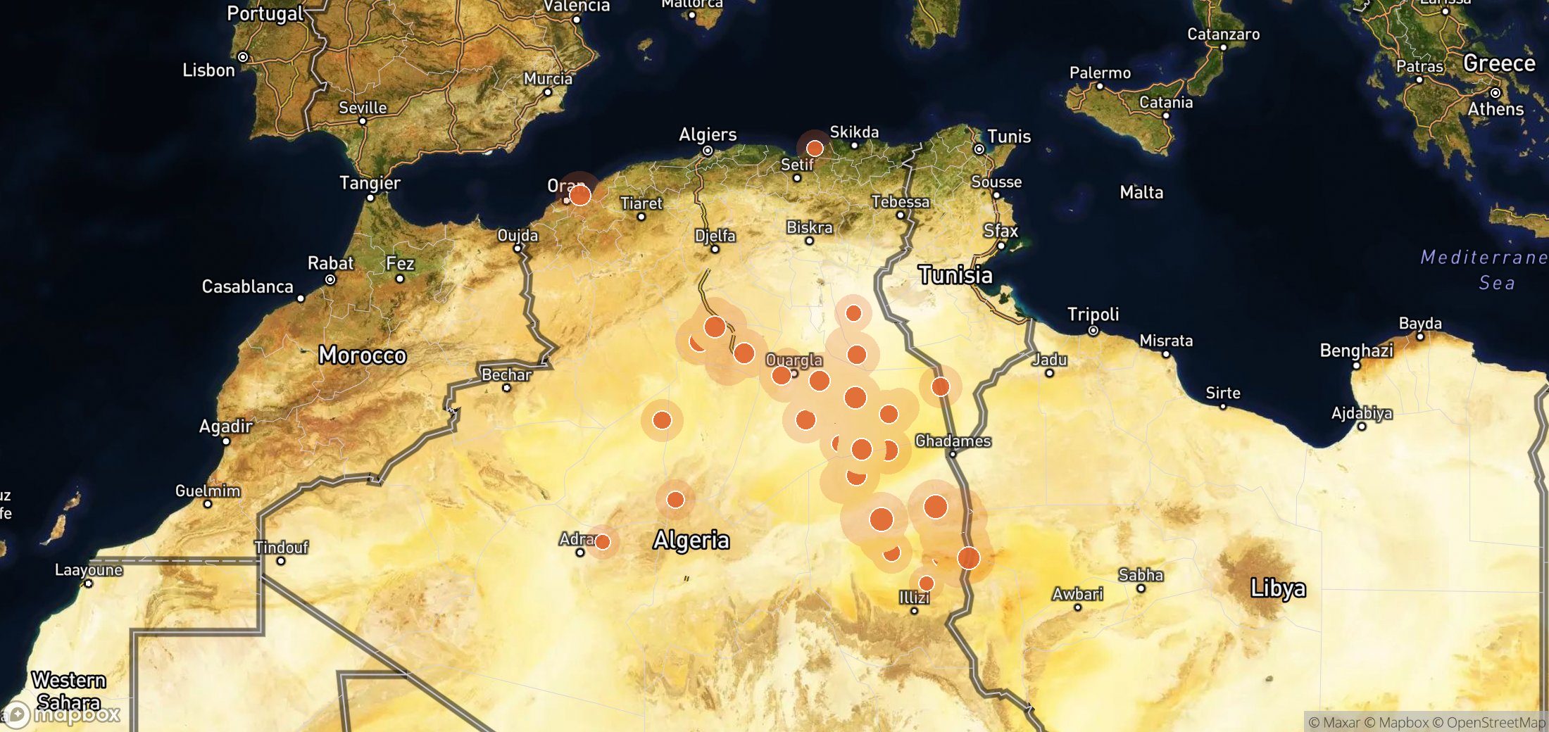 Satellite map of methane plume locations in Sonatrach