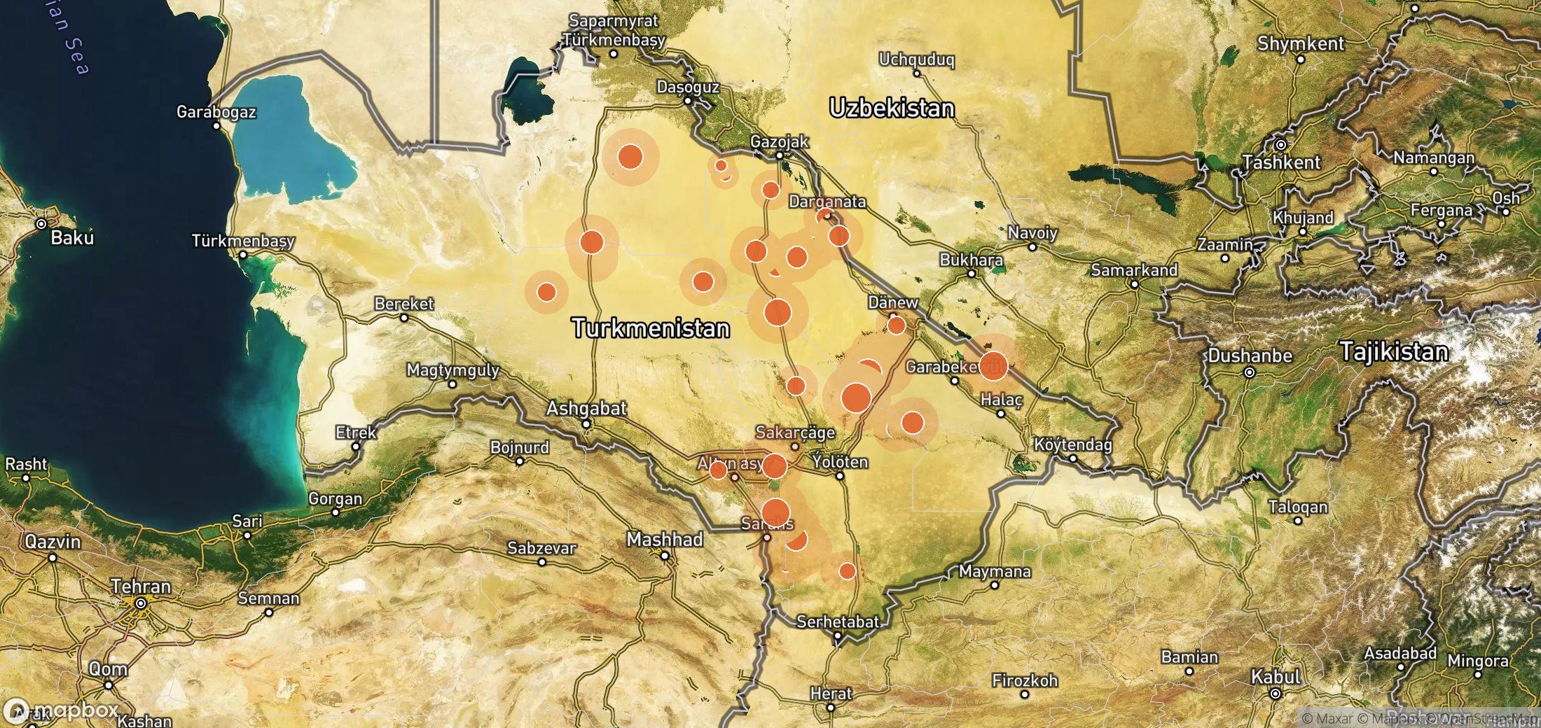 Mapa satelital de plumas de metano en Turkmengaz