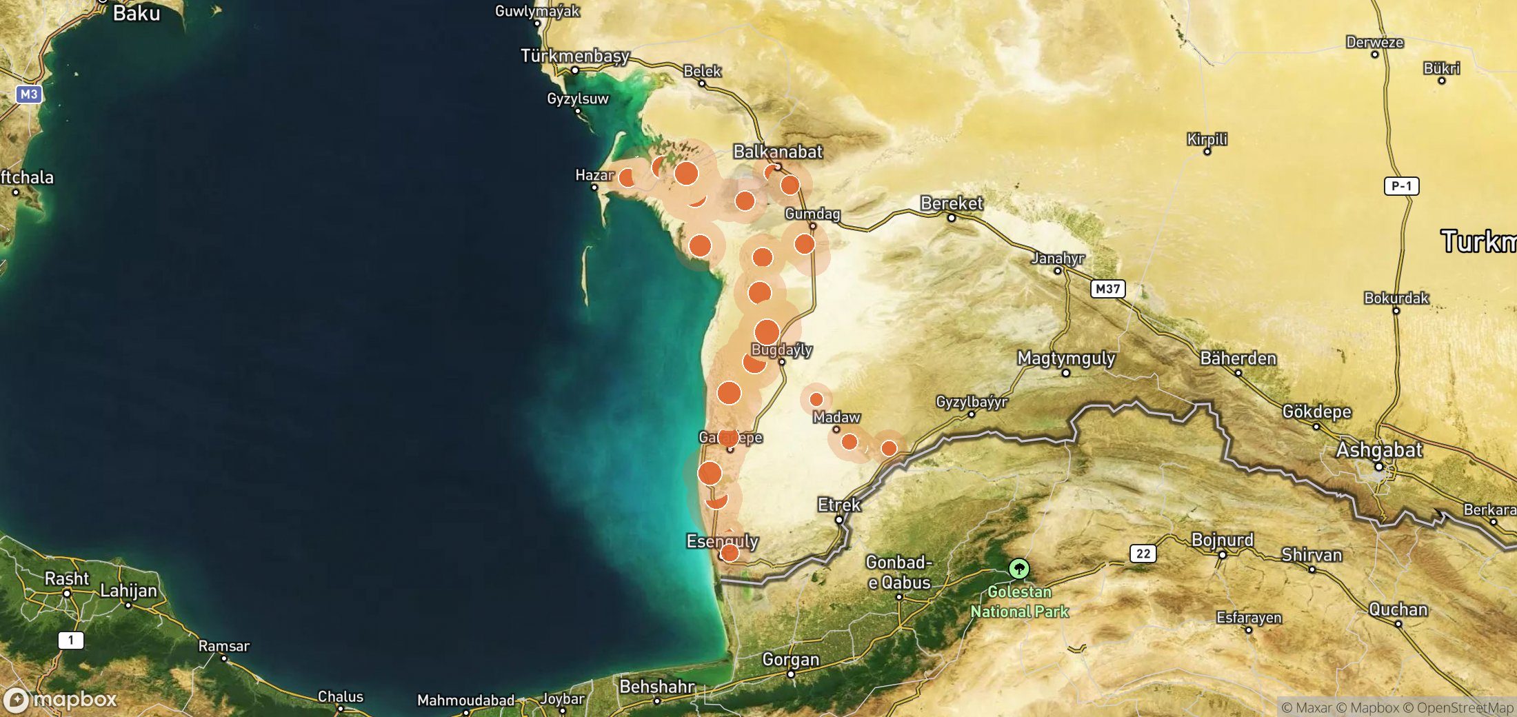 Satellite map of methane plume locations in Turkmennebit