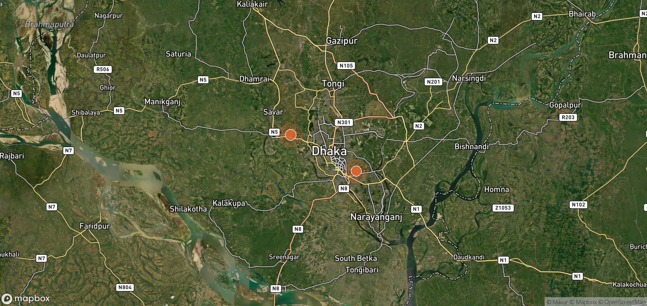 Satellite map of methane plume locations in Bangladesh