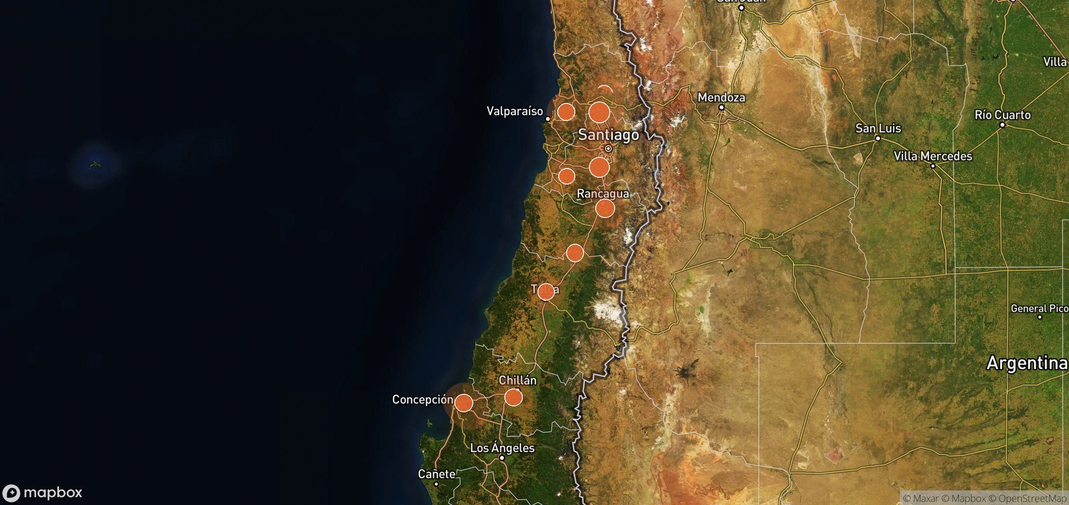 Satellite map of methane plume locations in Chile
