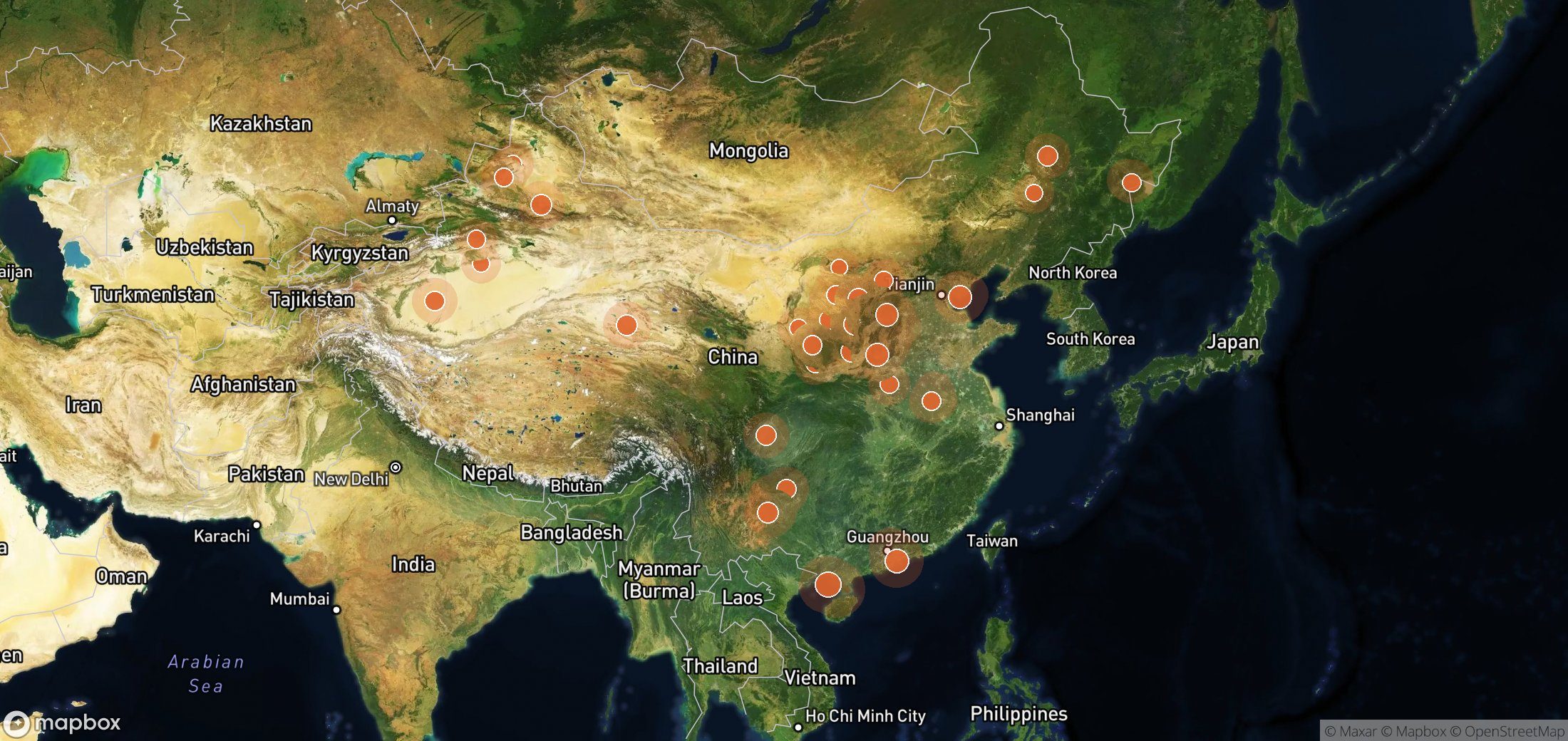 Satellite map of methane plume locations in China