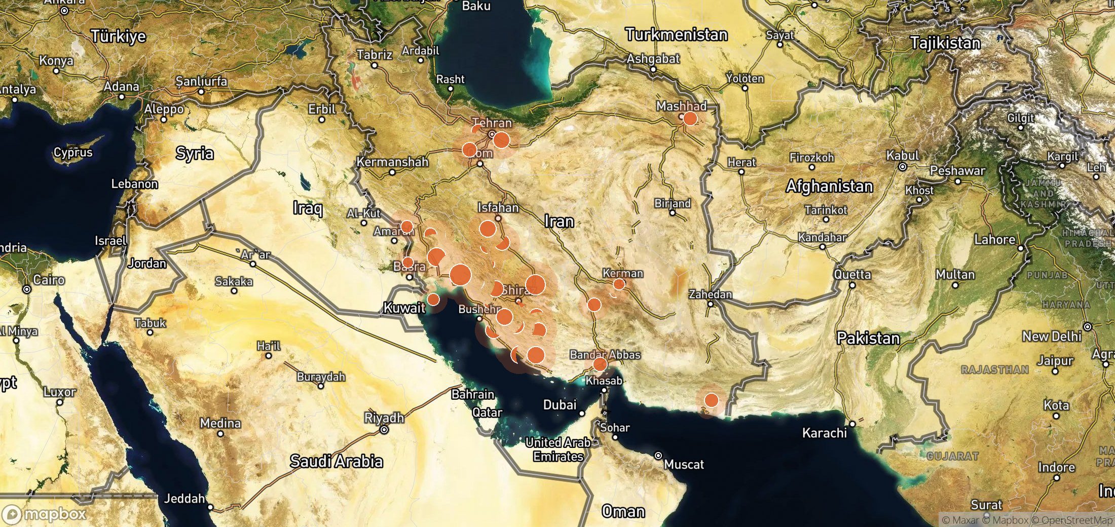 Satellite map of methane plume locations in Iran