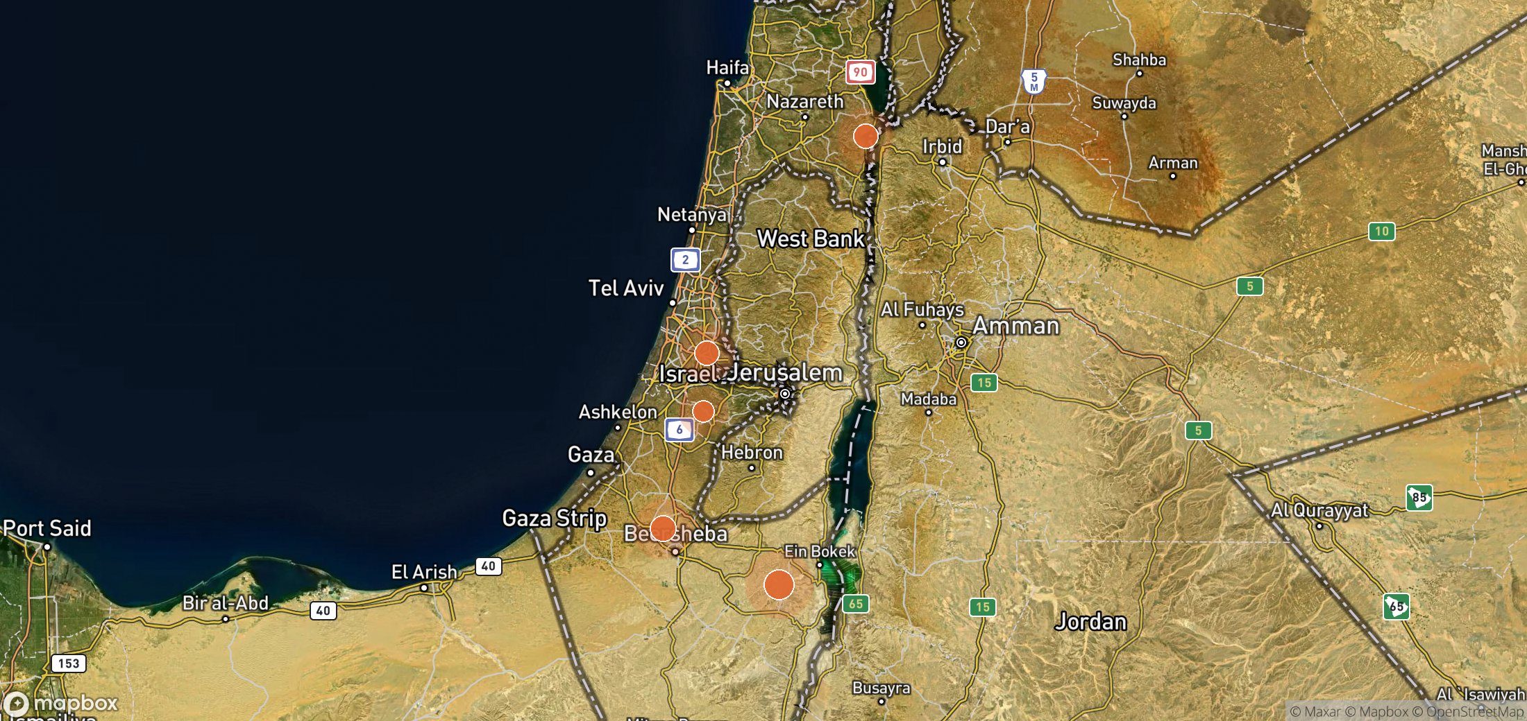 Satellite map of methane plume locations in Israel