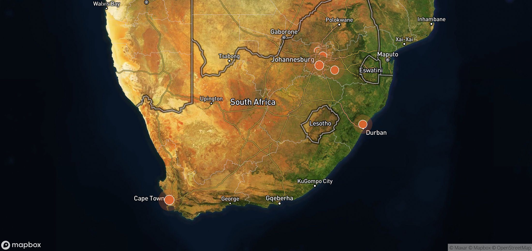 Mapa satelital de plumas de metano en Sudáfrica