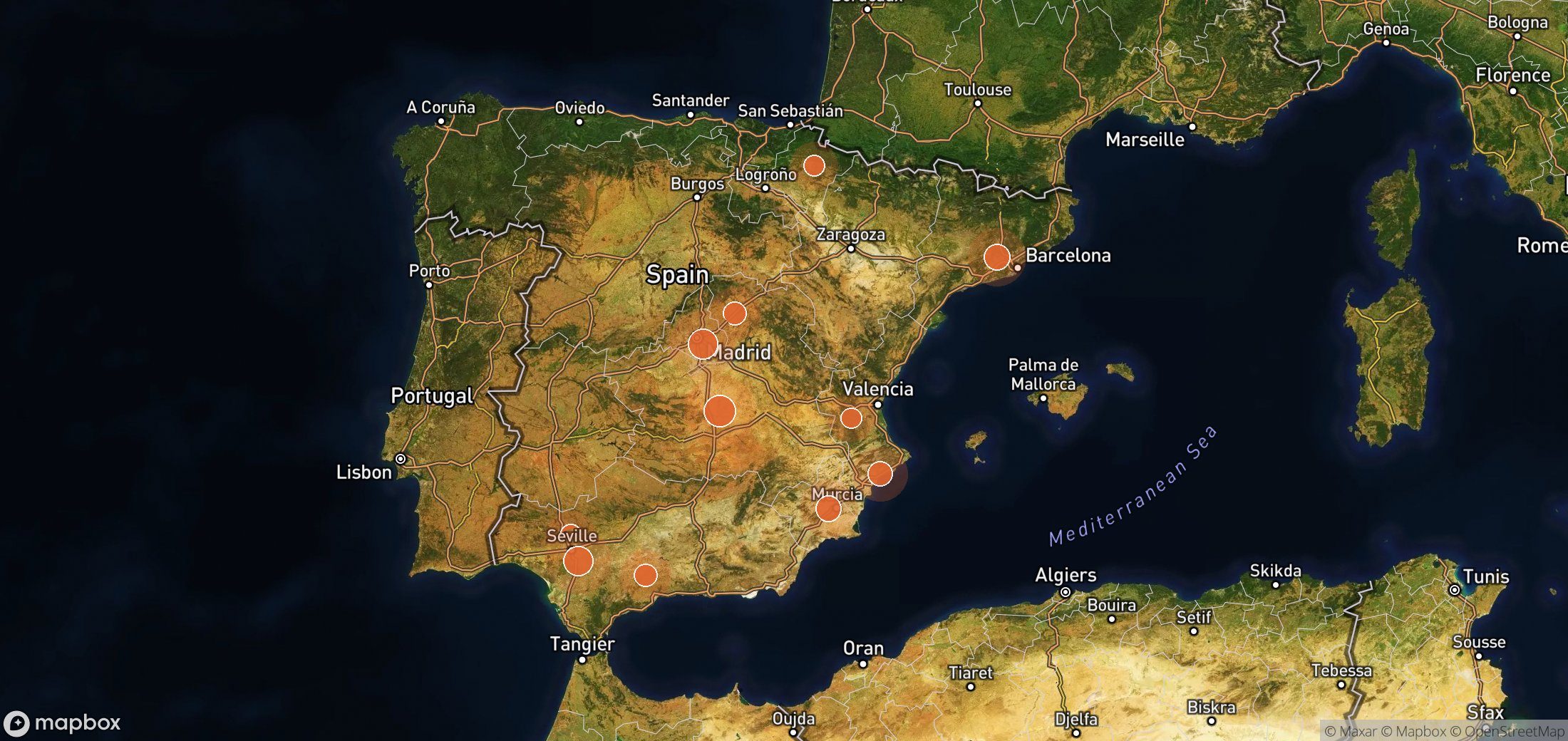 Satellite map of methane plume locations in Spain