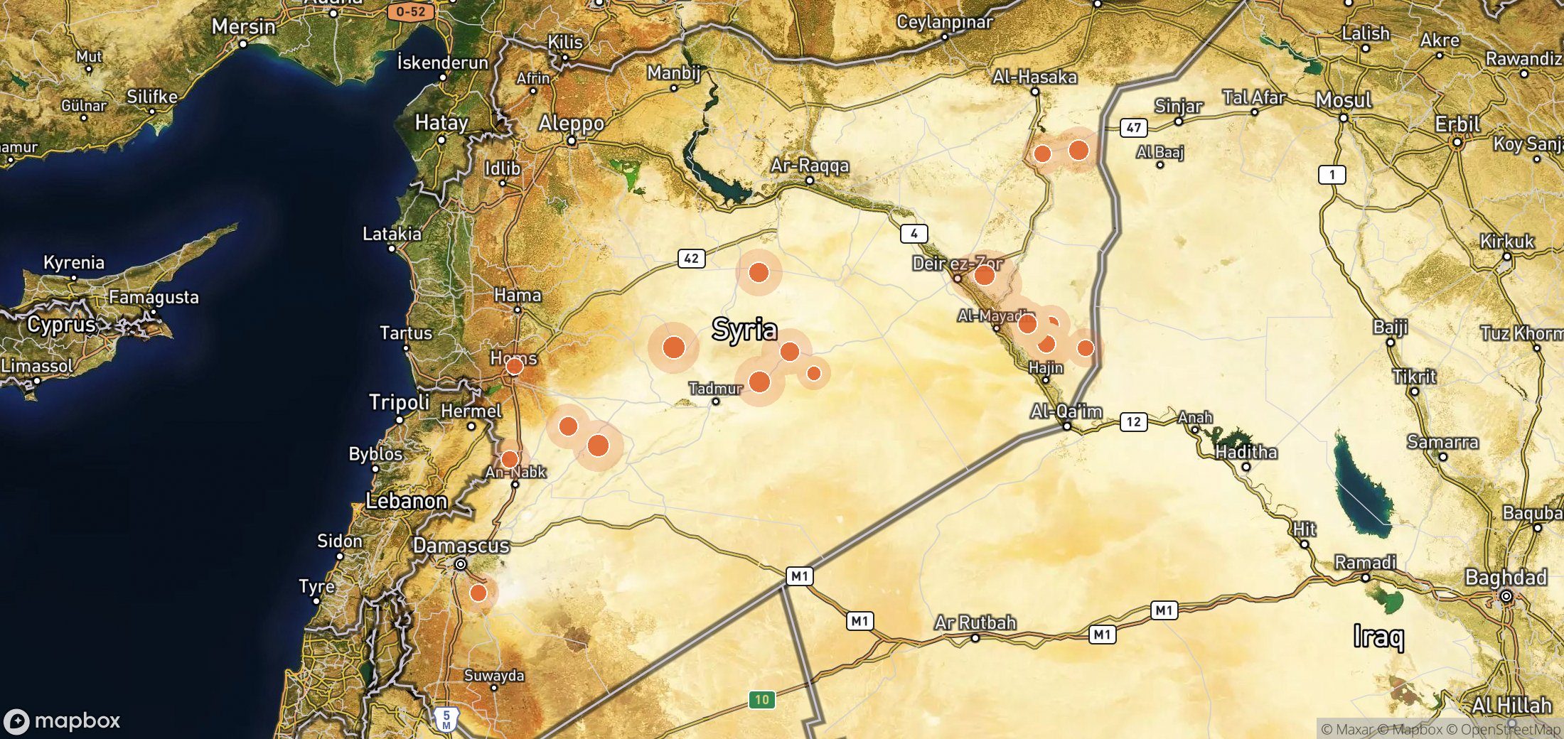 Satellite map of methane plume locations in Syria