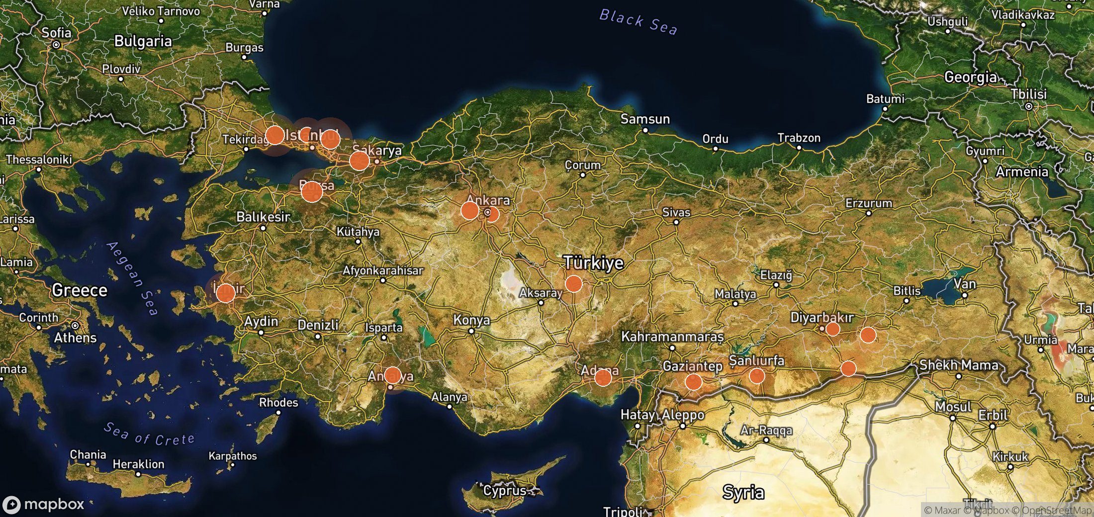 Satellite map of methane plume locations in Türkiye
