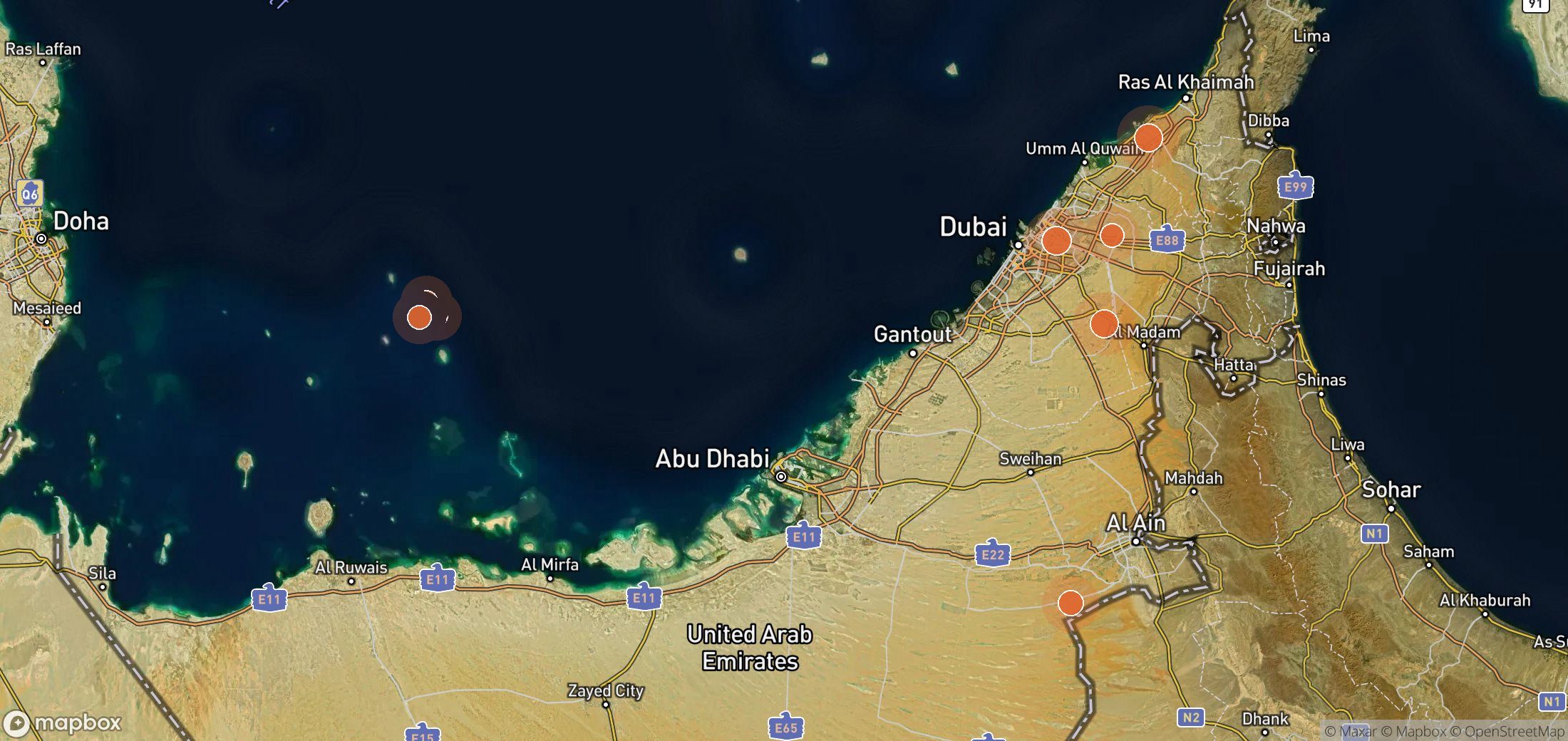 Mapa satelital de plumas de metano en Emiratos Árabes Unidos