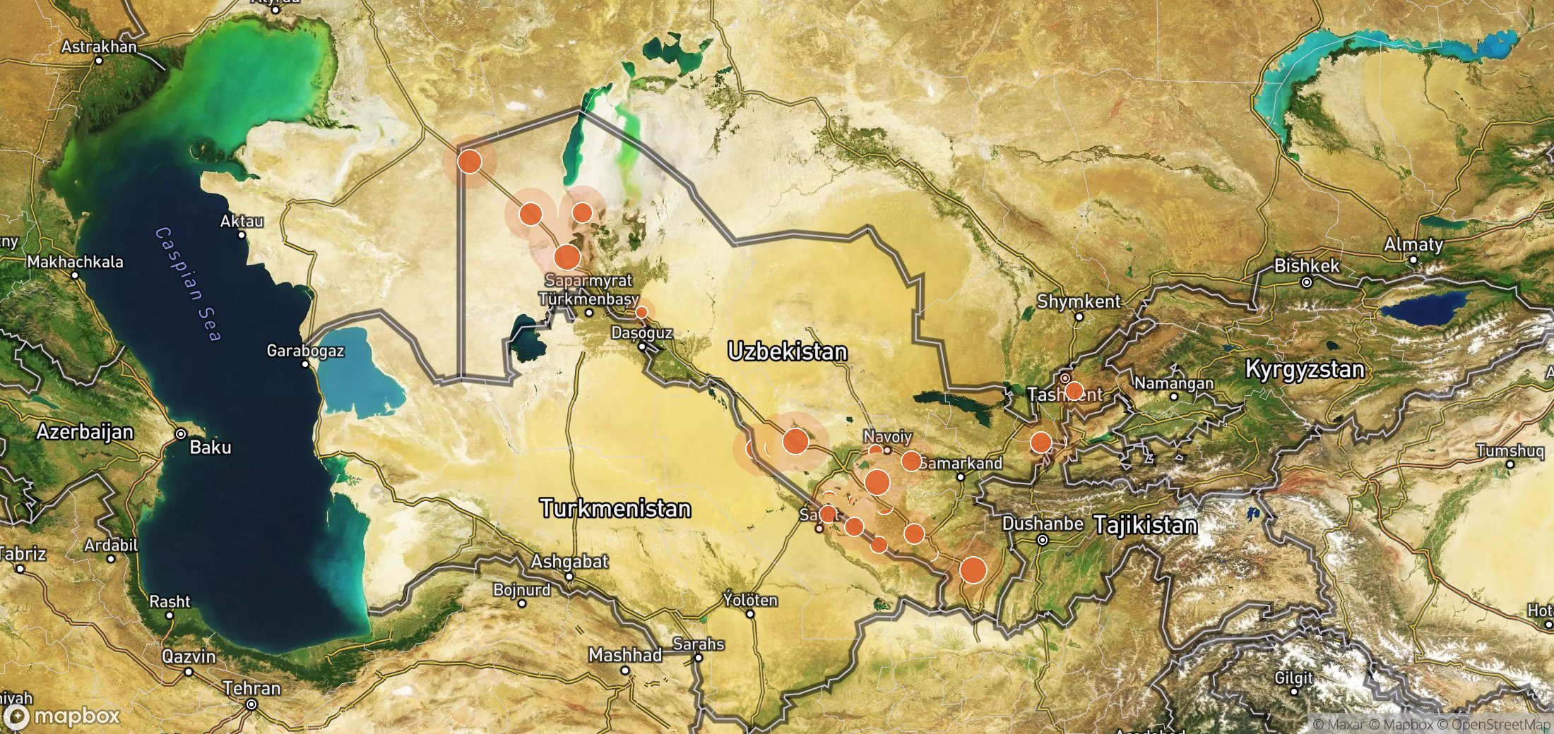 Mapa satelital de plumas de metano en Uzbekistán