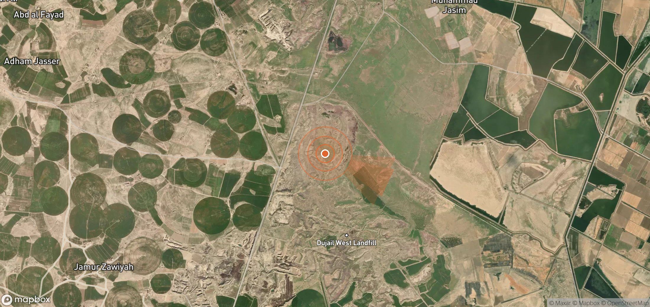 Satellite map of methane plume locations in Iraq