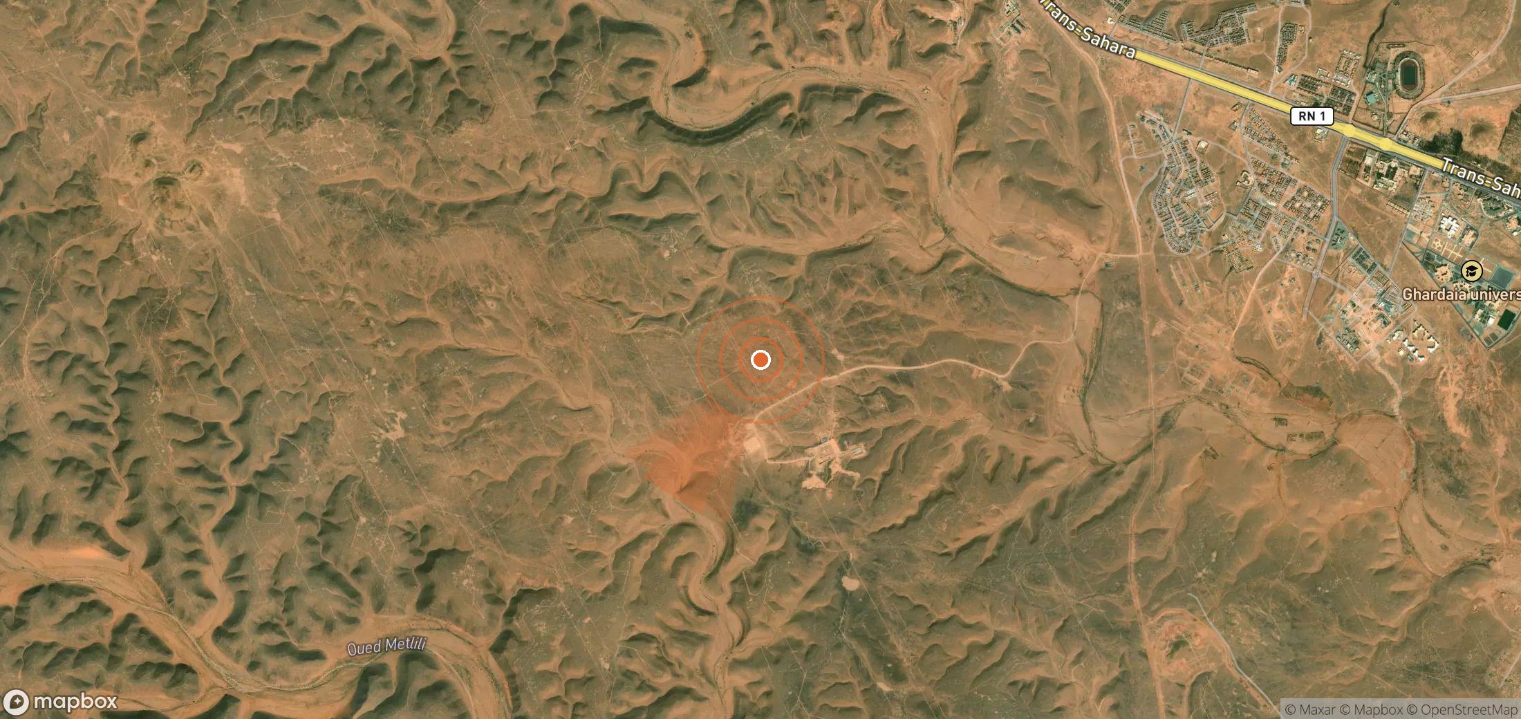 Mapa satelital de plumas de metano en Argelia
