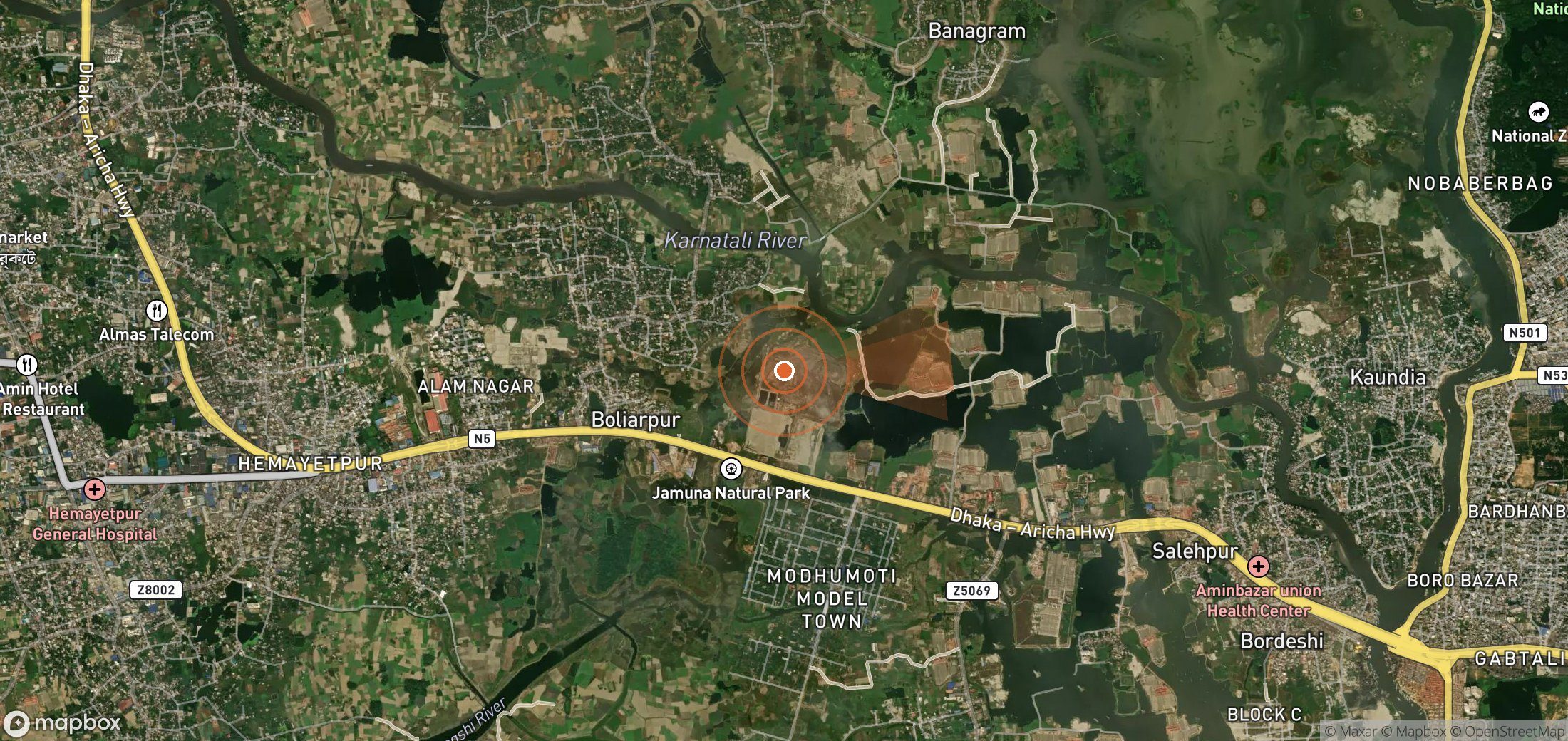 Satellite map of methane plume locations in Bangladesh