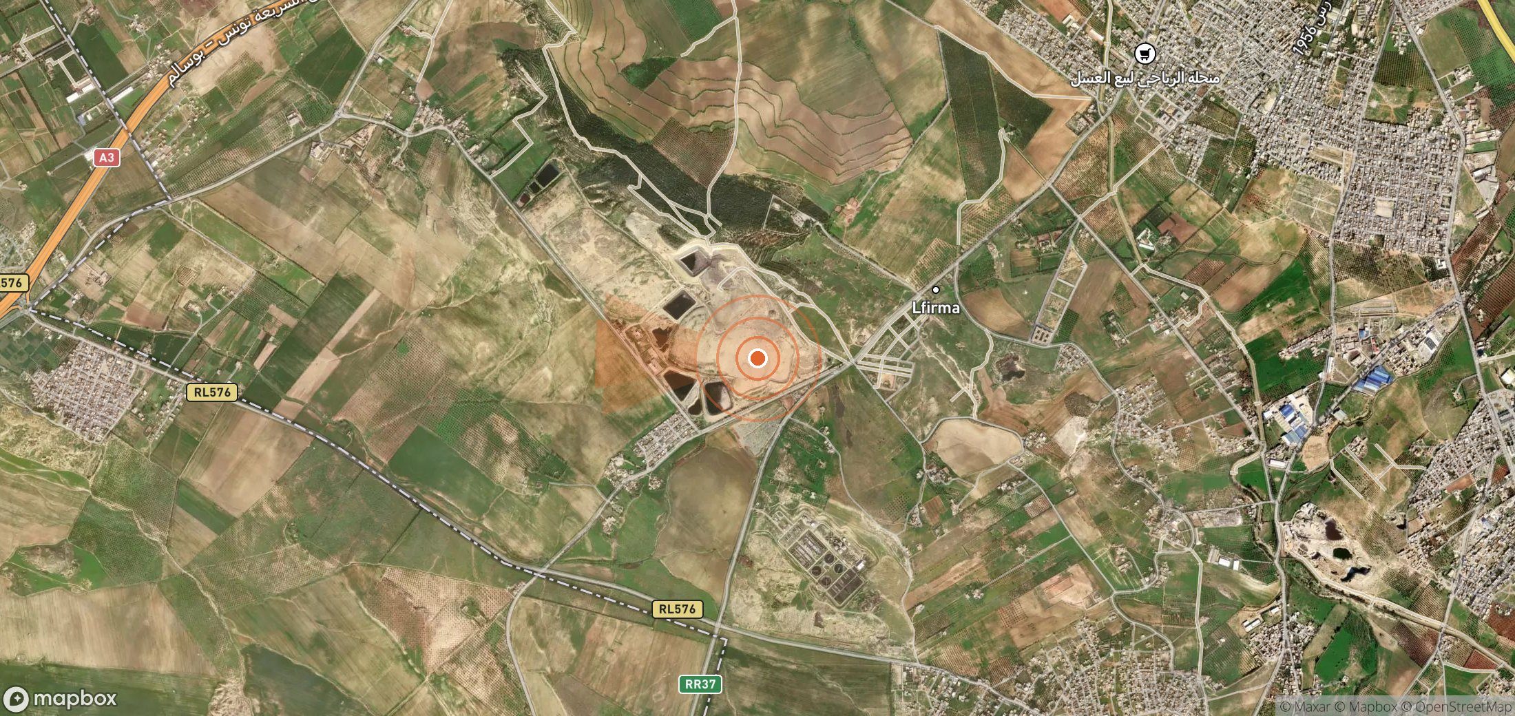 Satellite map of methane plume locations in Tunisia