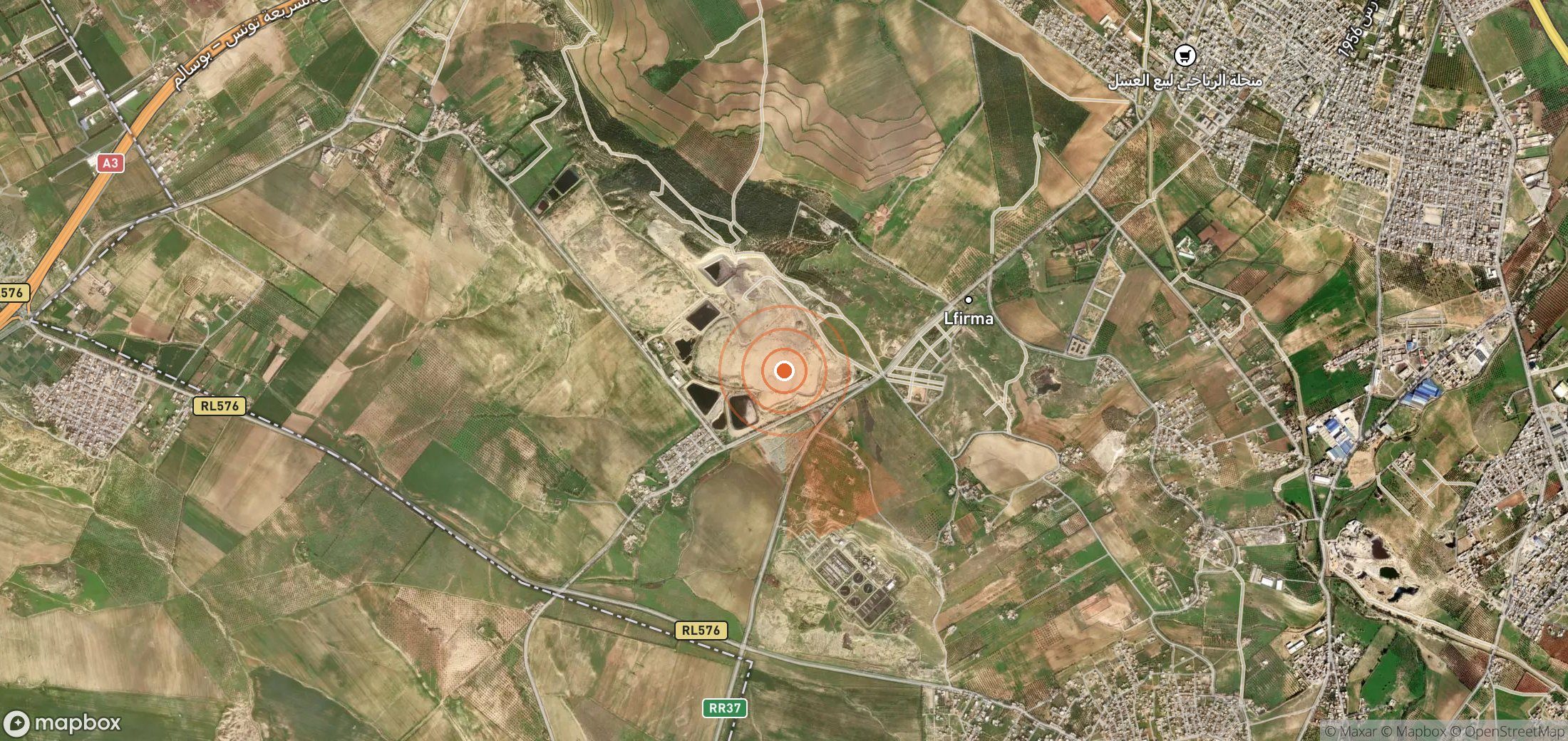 Satellite map of methane plume locations in Tunisia