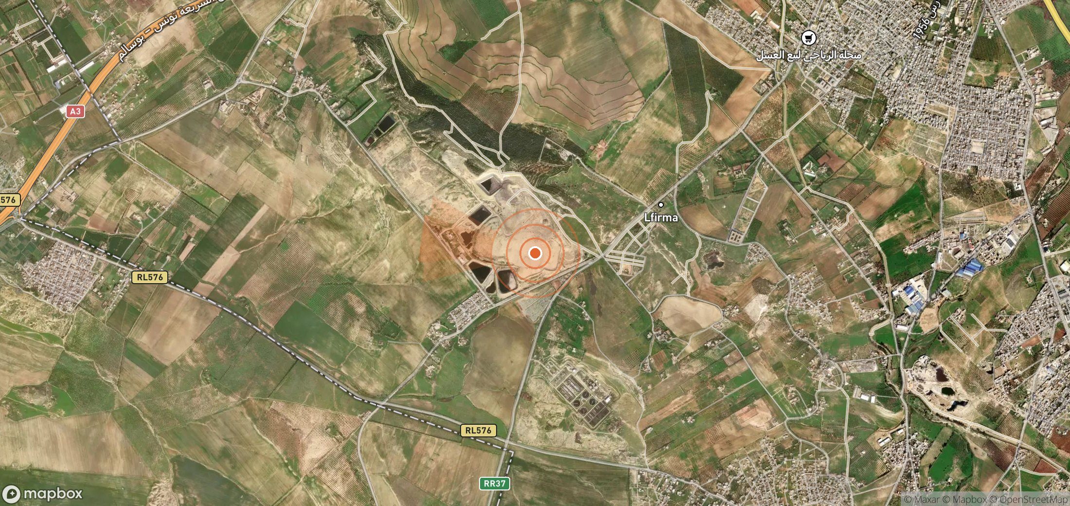 Mapa satelital de plumas de metano en Túnez