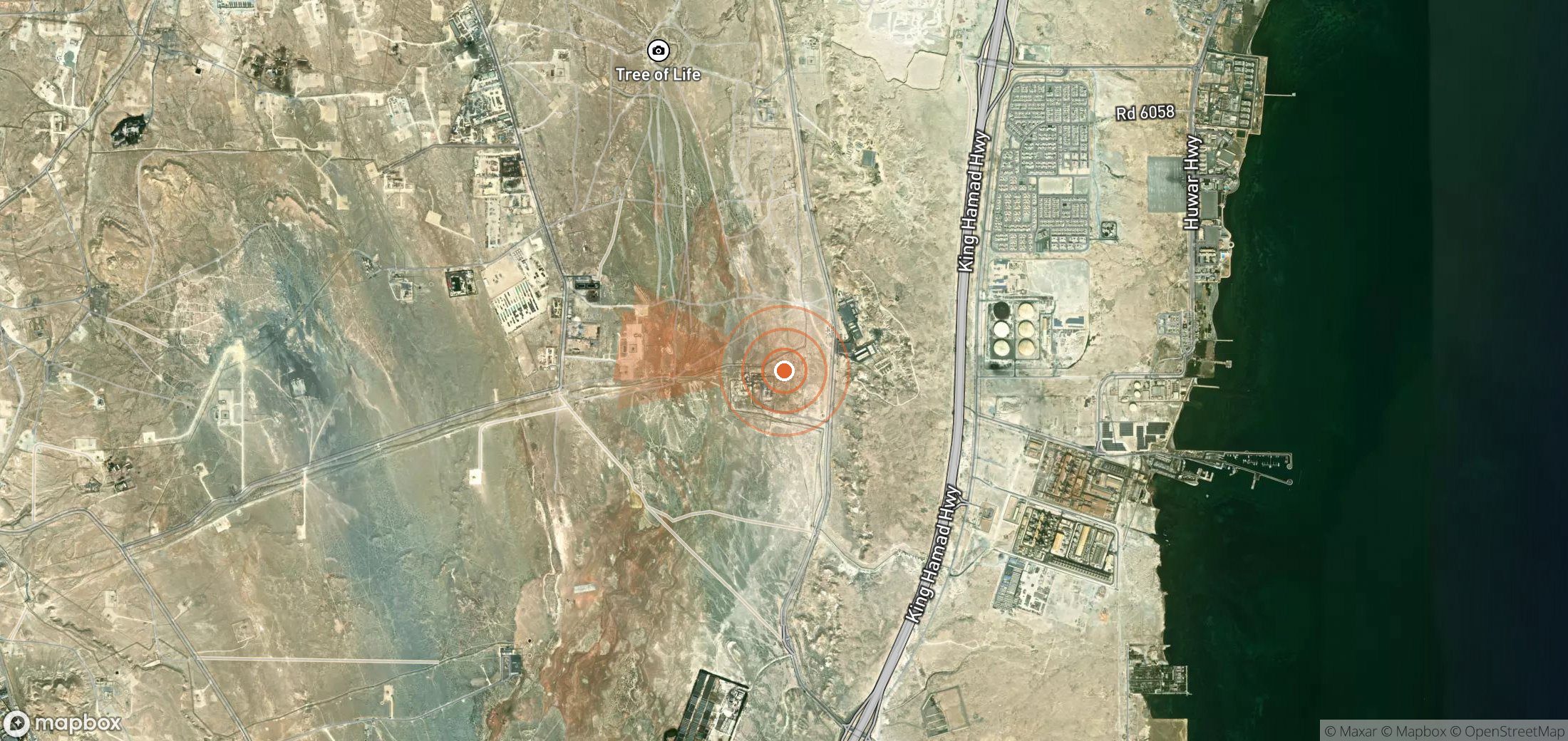 Satellite map of methane plume locations in Bahrain