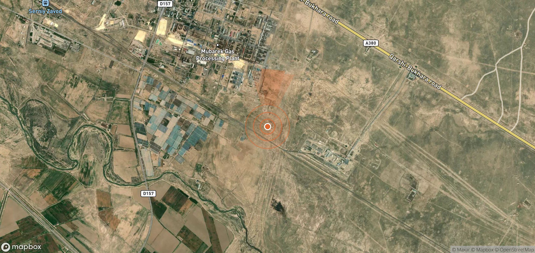 Mapa satelital de plumas de metano en Uzbekistán