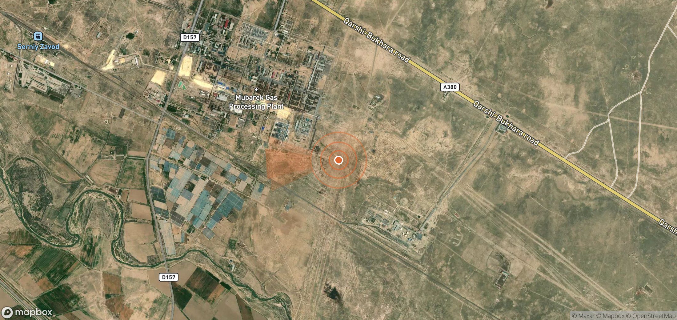 Satellite map of methane plume locations in Uzbekistan