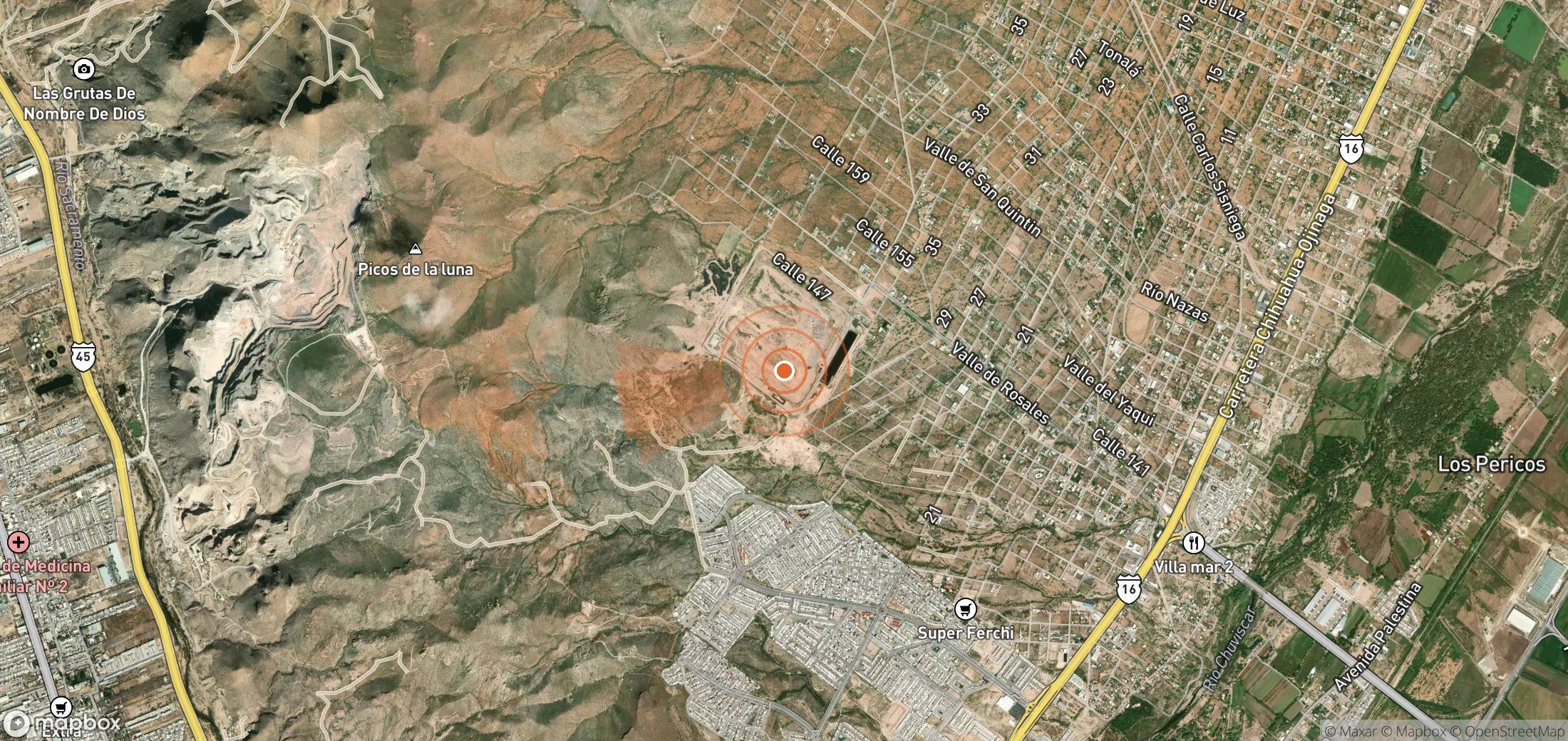 Satellite map of methane plume locations in Mexico
