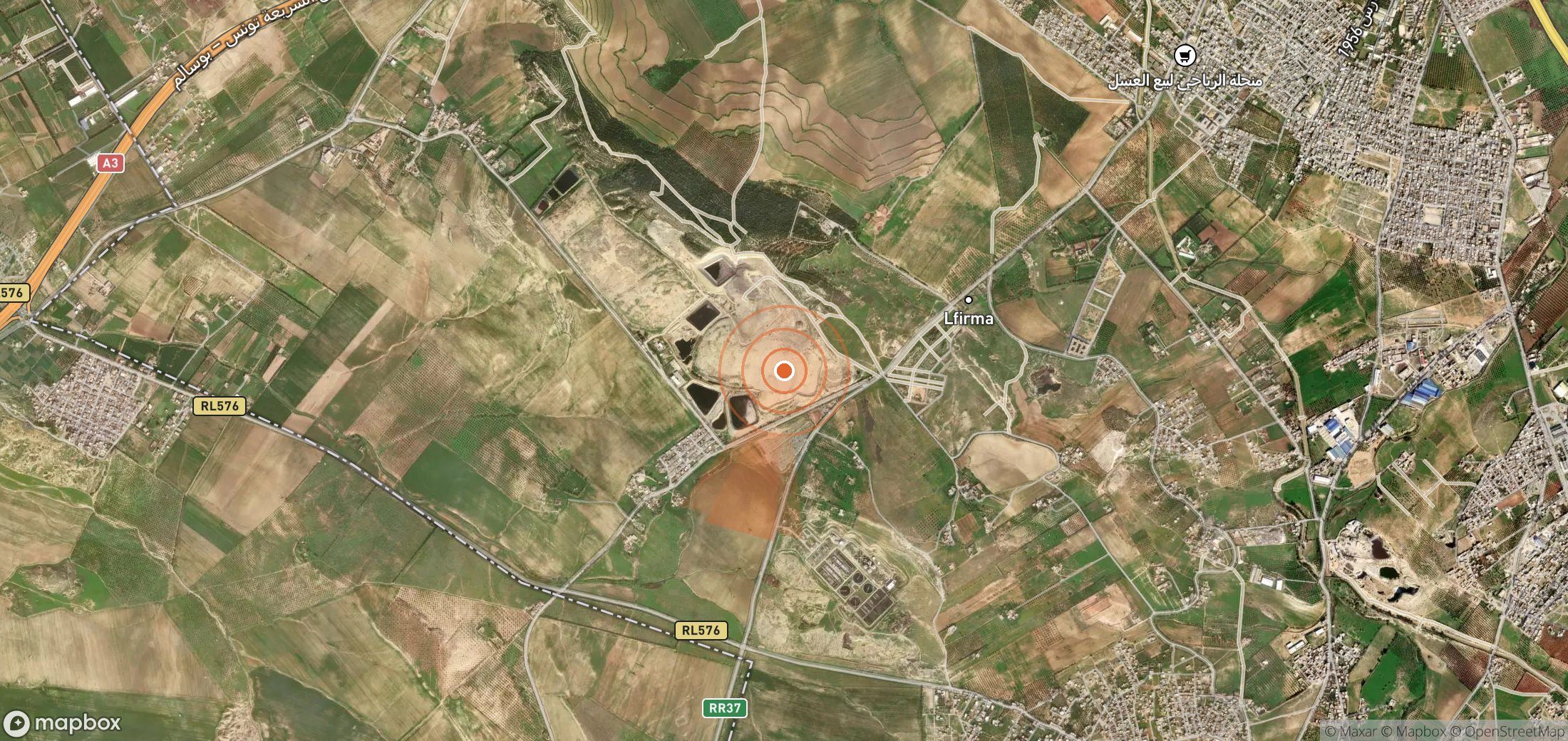 Satellite map of methane plume locations in Tunisia