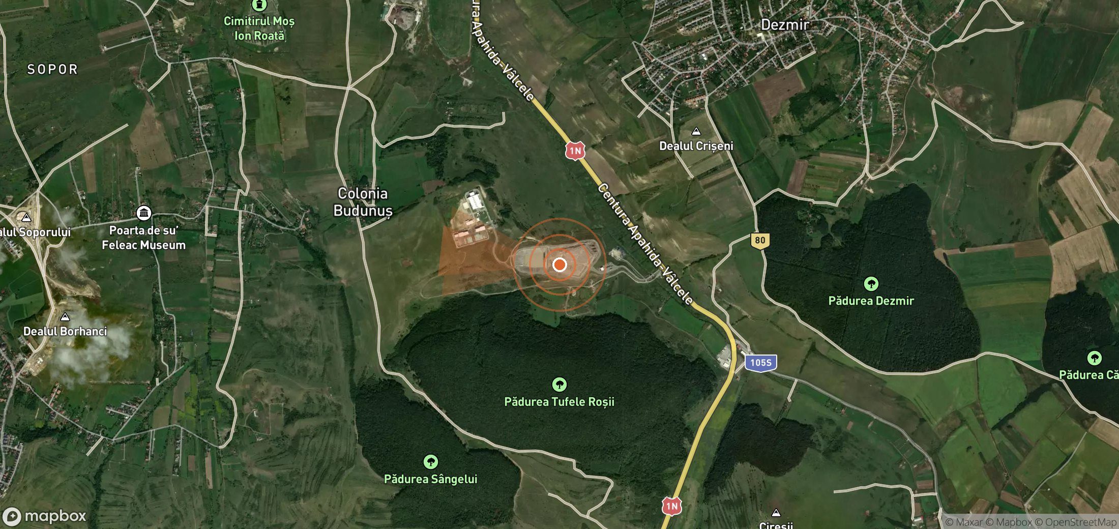 Satellite map of methane plume locations in Romania