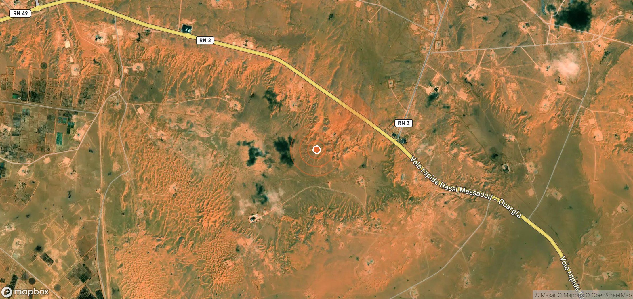 Satellite map of methane plume locations in Algeria