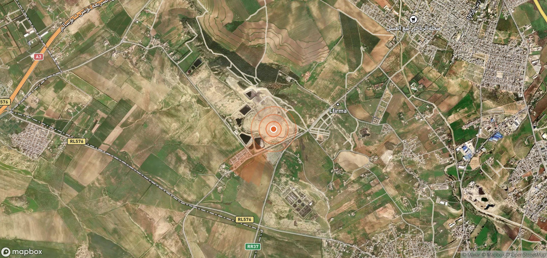 Satellite map of methane plume locations in Tunisia