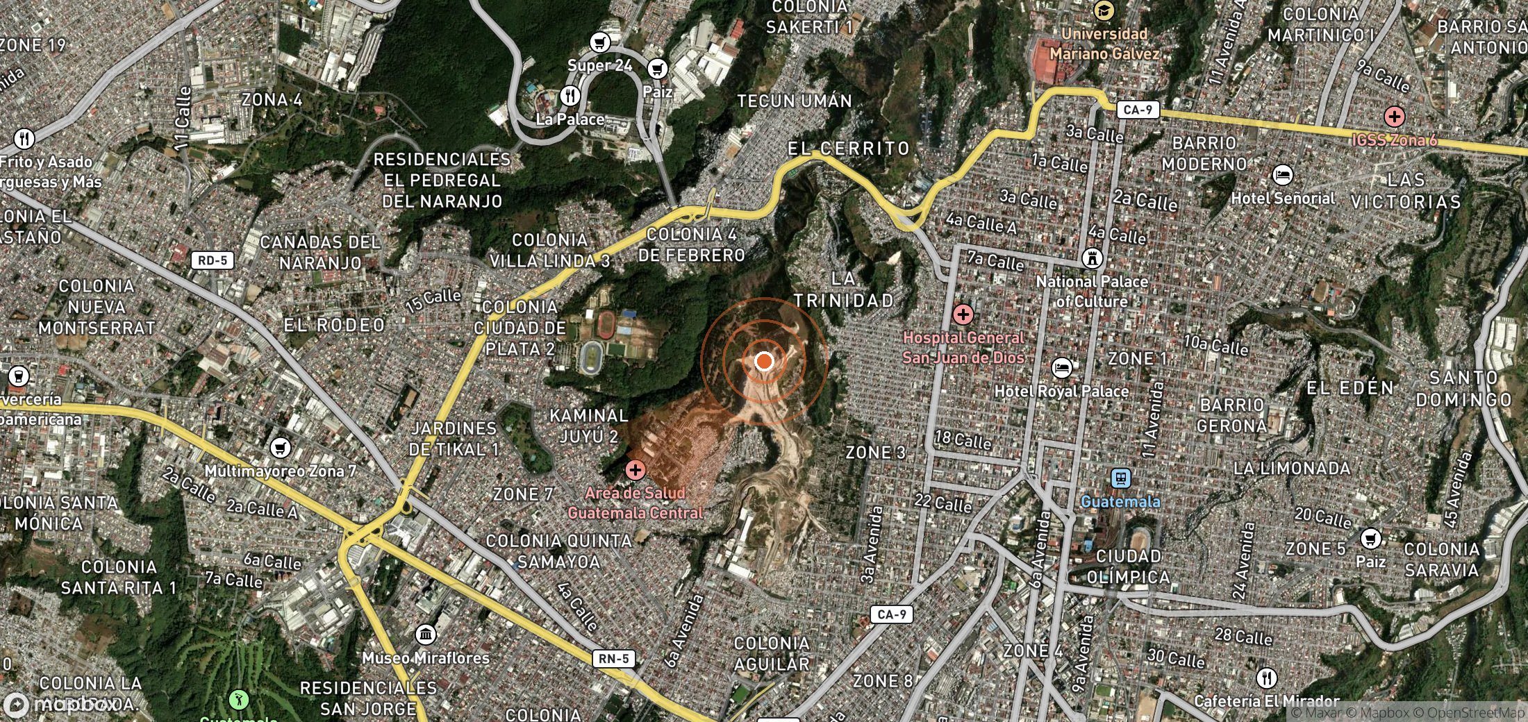 Mapa satelital de plumas de metano en Guatemala