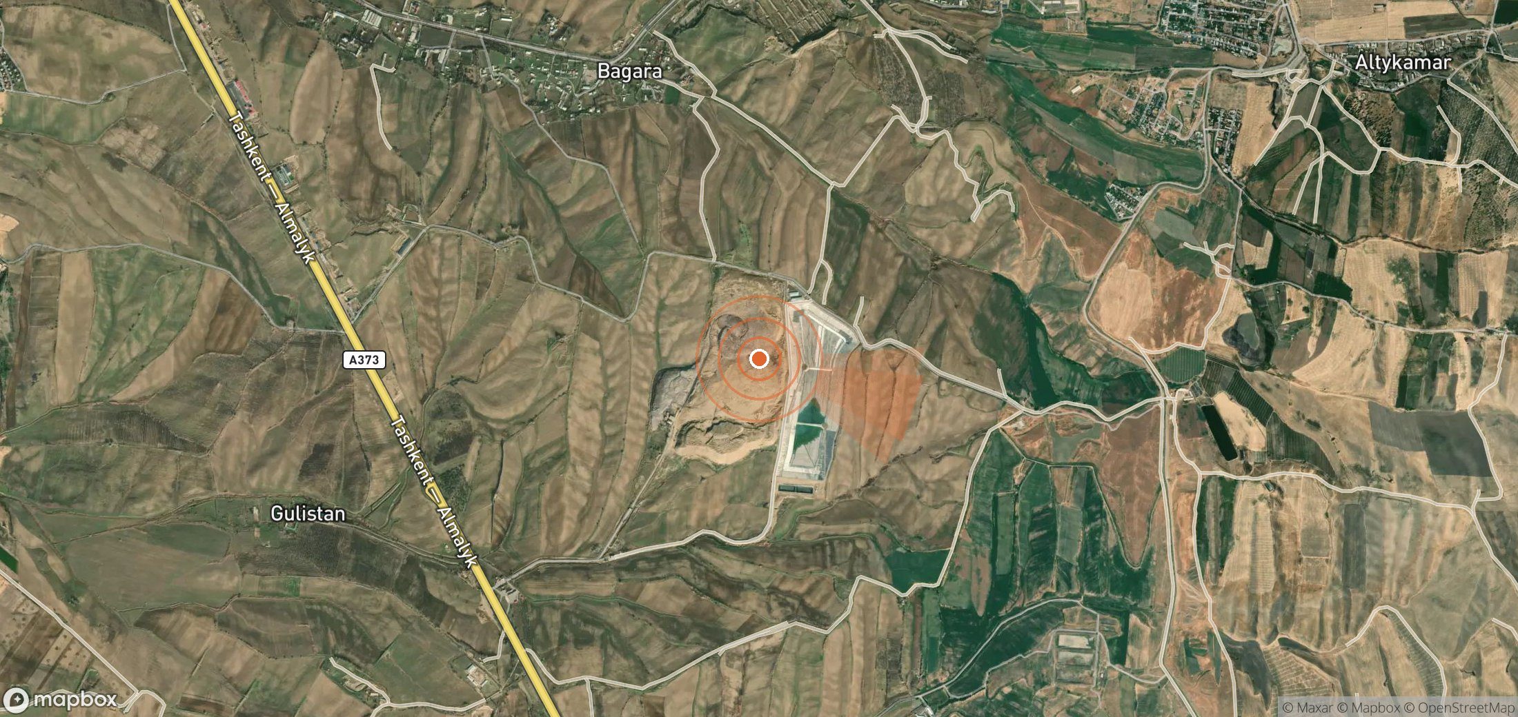 Mapa satelital de plumas de metano en Uzbekistán