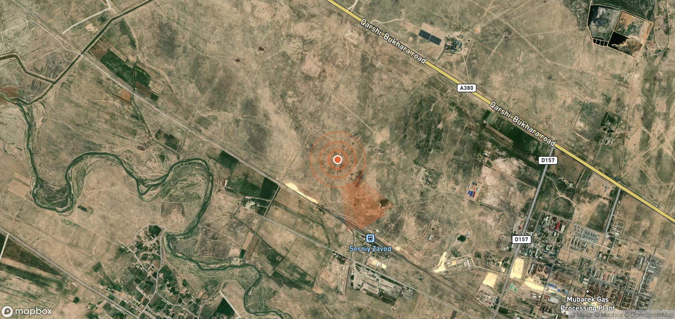 Satellite map of methane plume locations in Uzbekistan