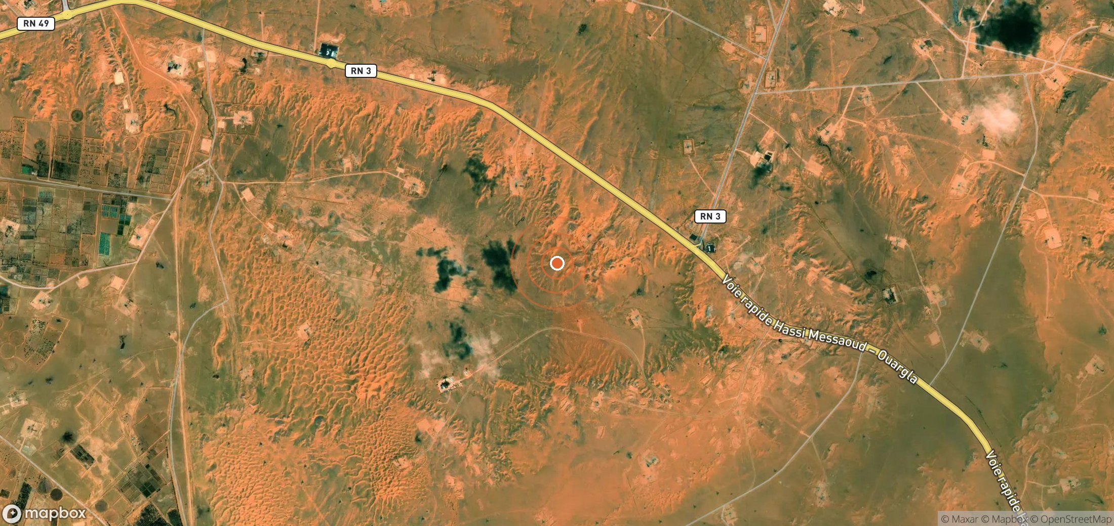 Satellite map of methane plume locations in Algeria
