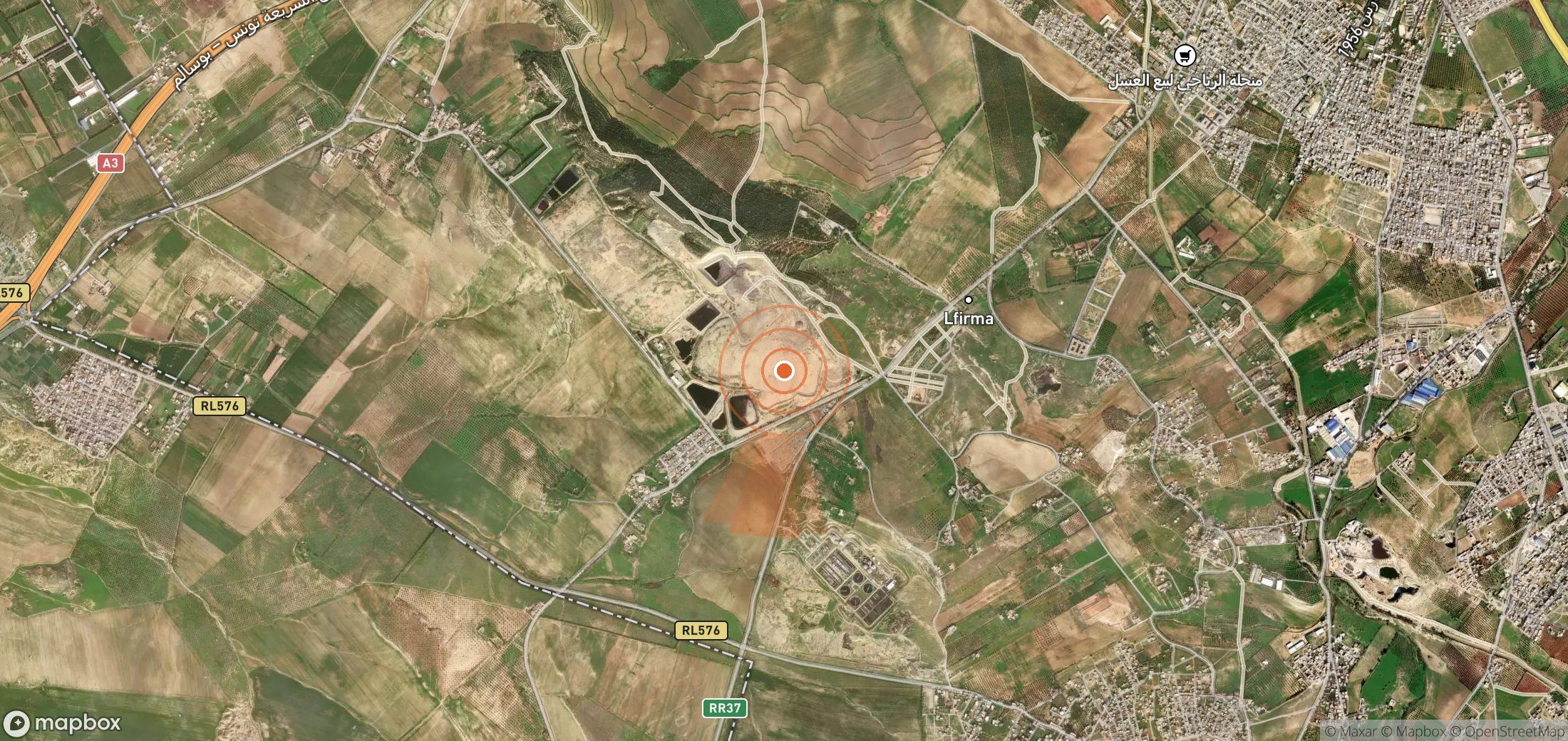 Satellite map of methane plume locations in Tunisia