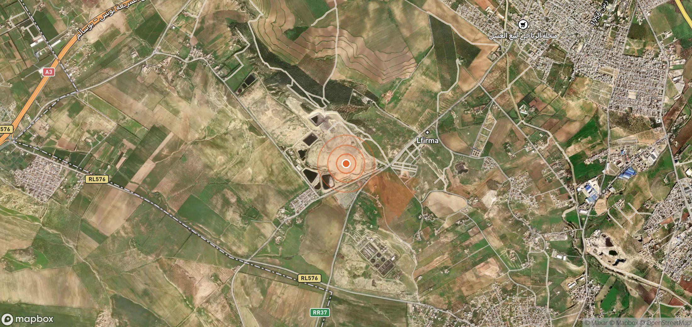 Satellite map of methane plume locations in Tunisia