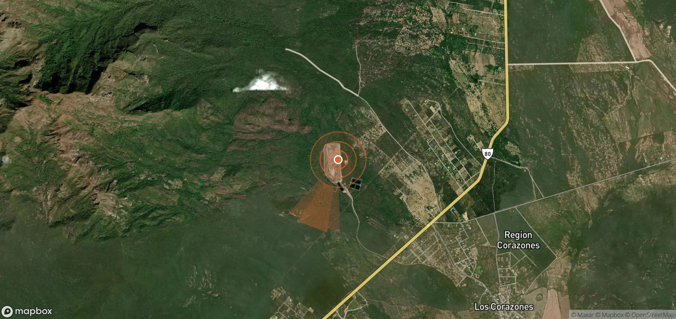 Satellite map of methane plume locations in Colombia