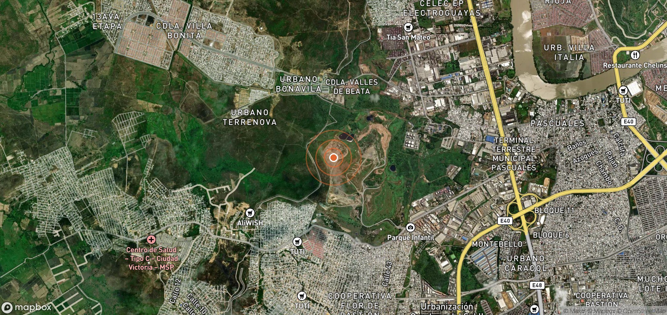 Satellite map of methane plume locations in Ecuador