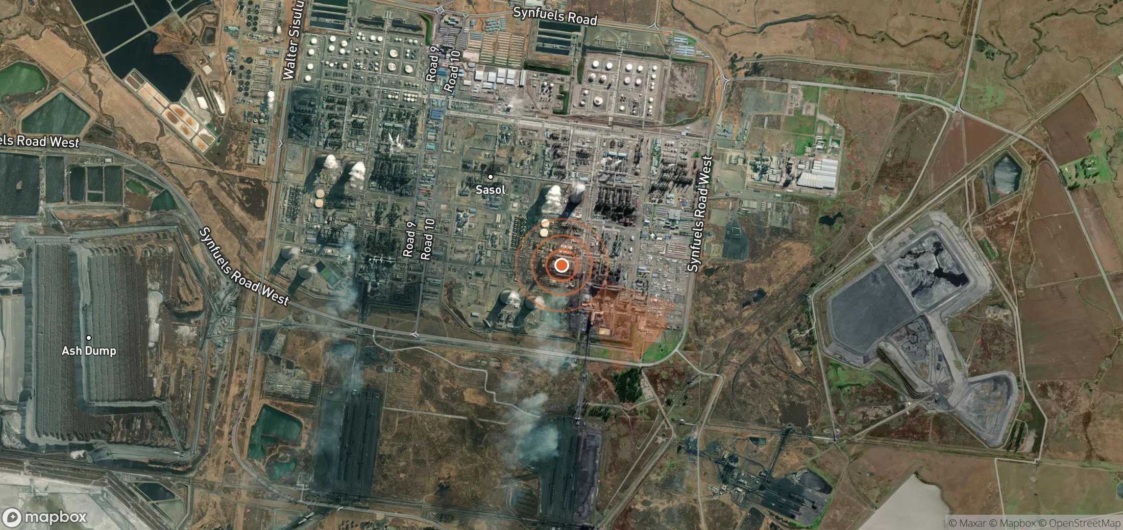 Satellite map of methane plume locations in South Africa