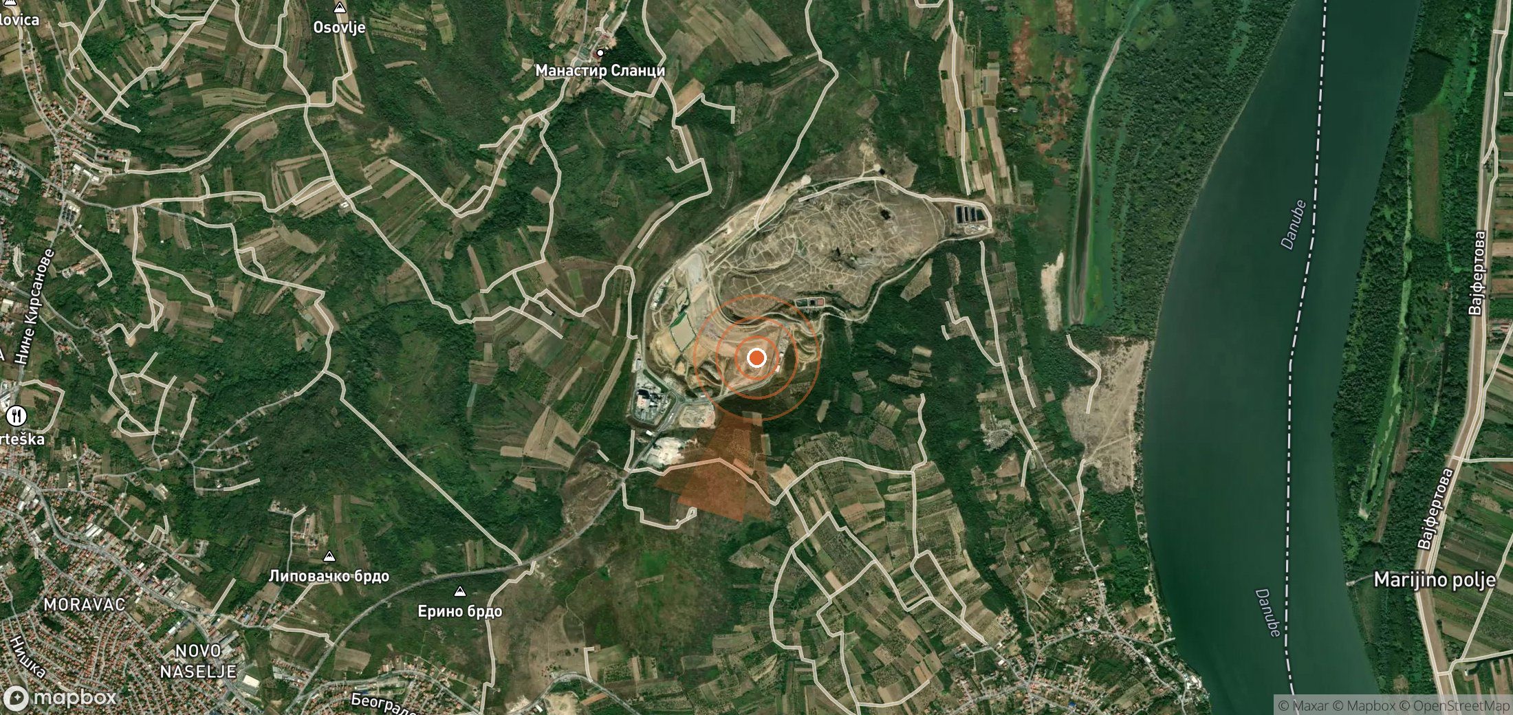 Satellite map of methane plume locations in Serbia
