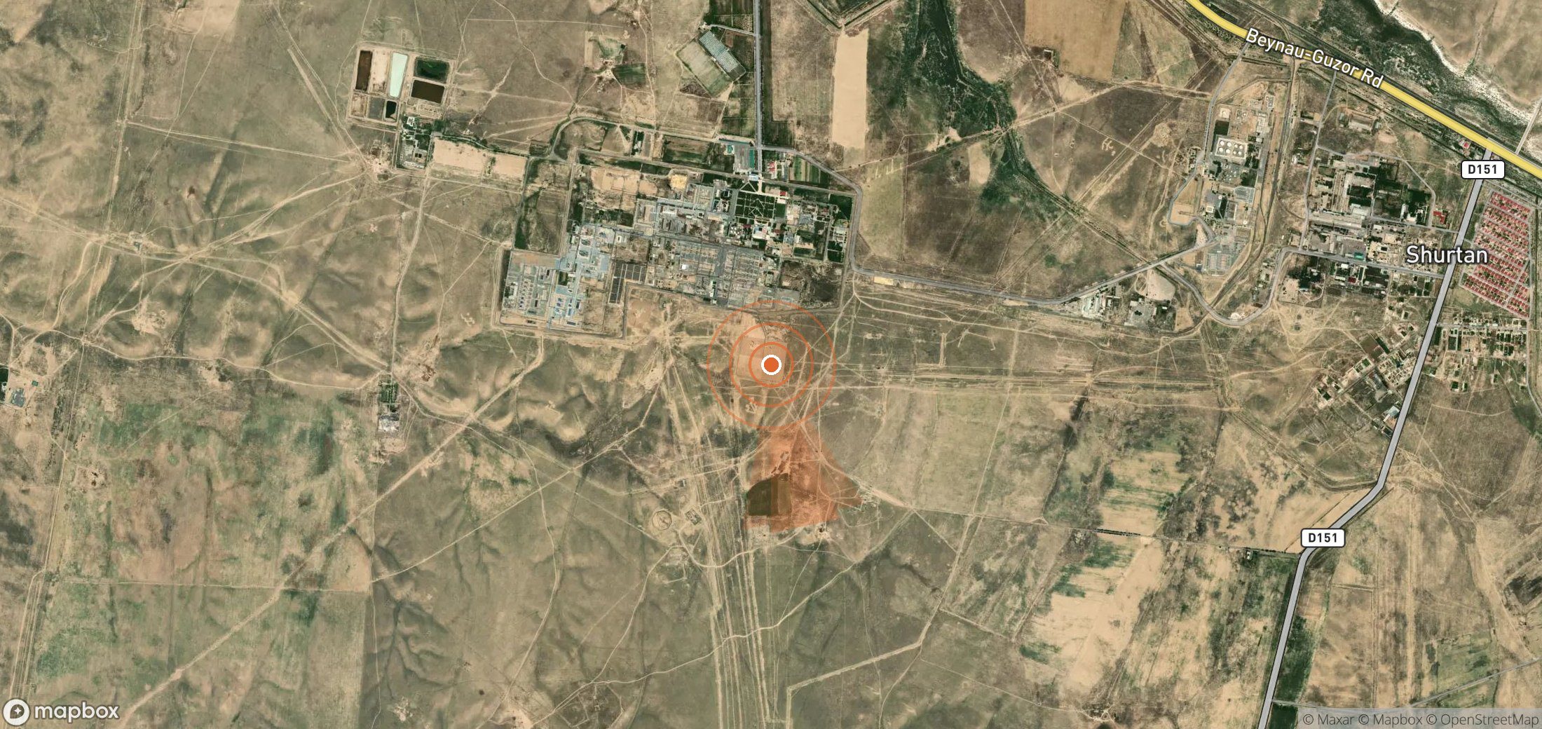 Satellite map of methane plume locations in Uzbekistan