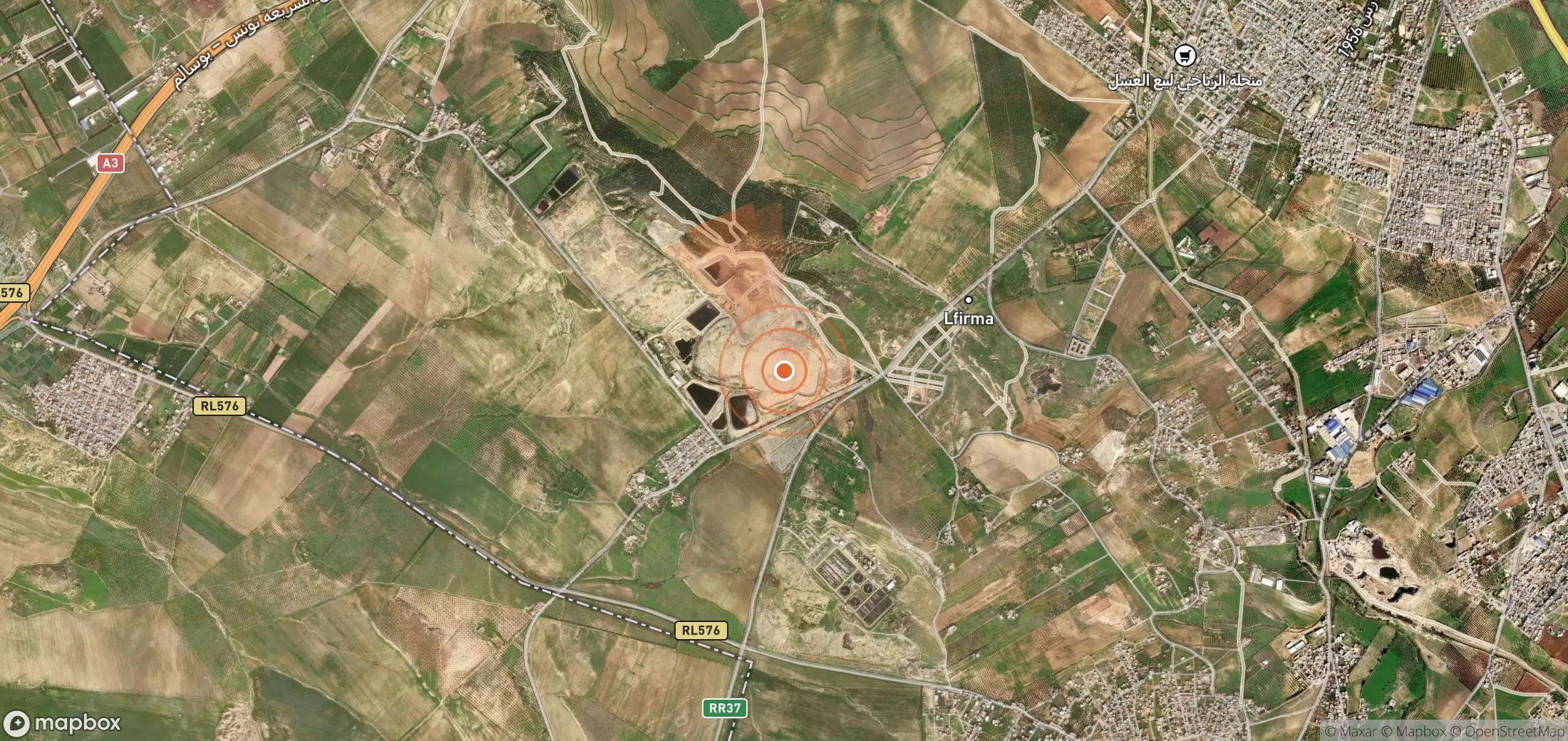 Satellite map of methane plume locations in Tunisia