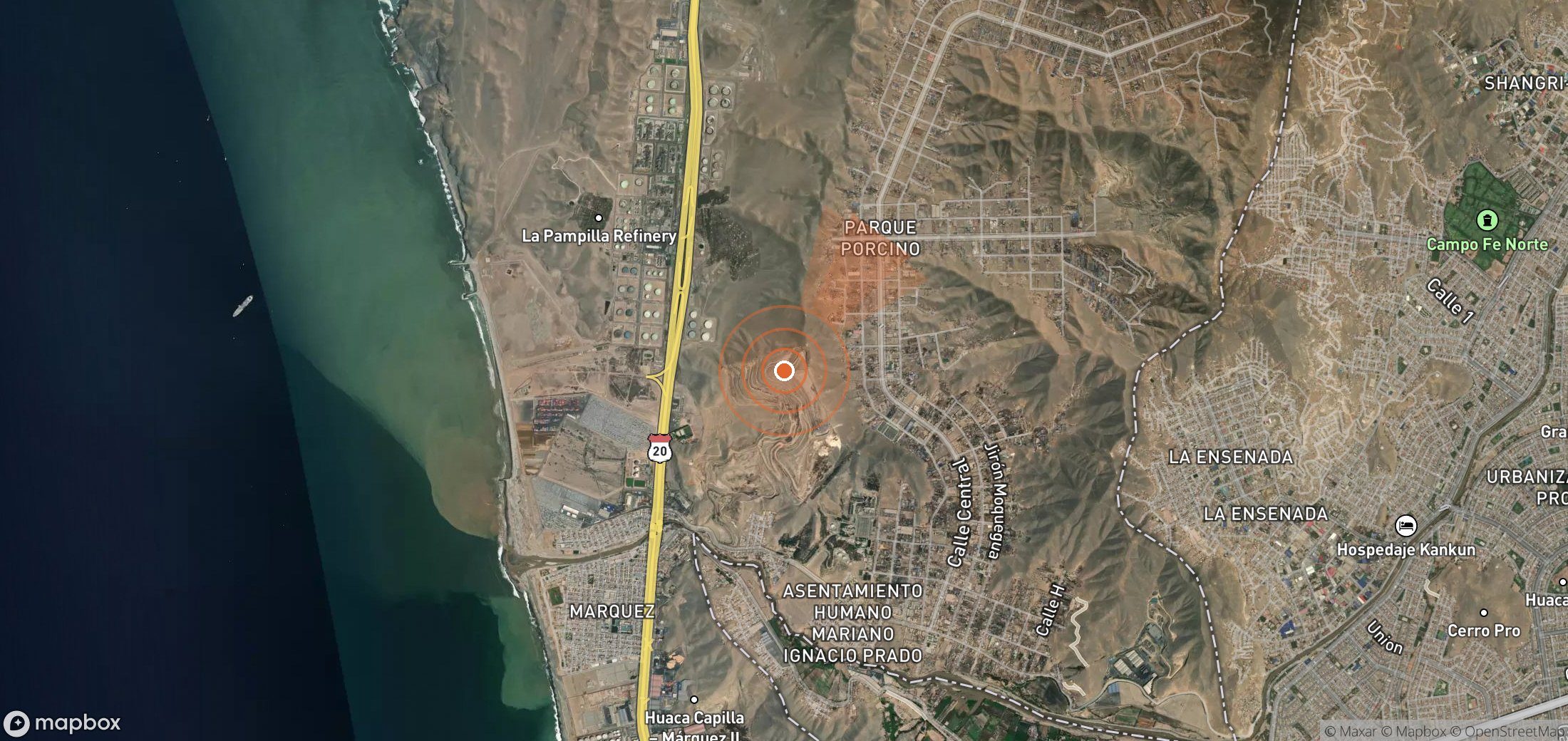 Satellite map of methane plume locations in Peru