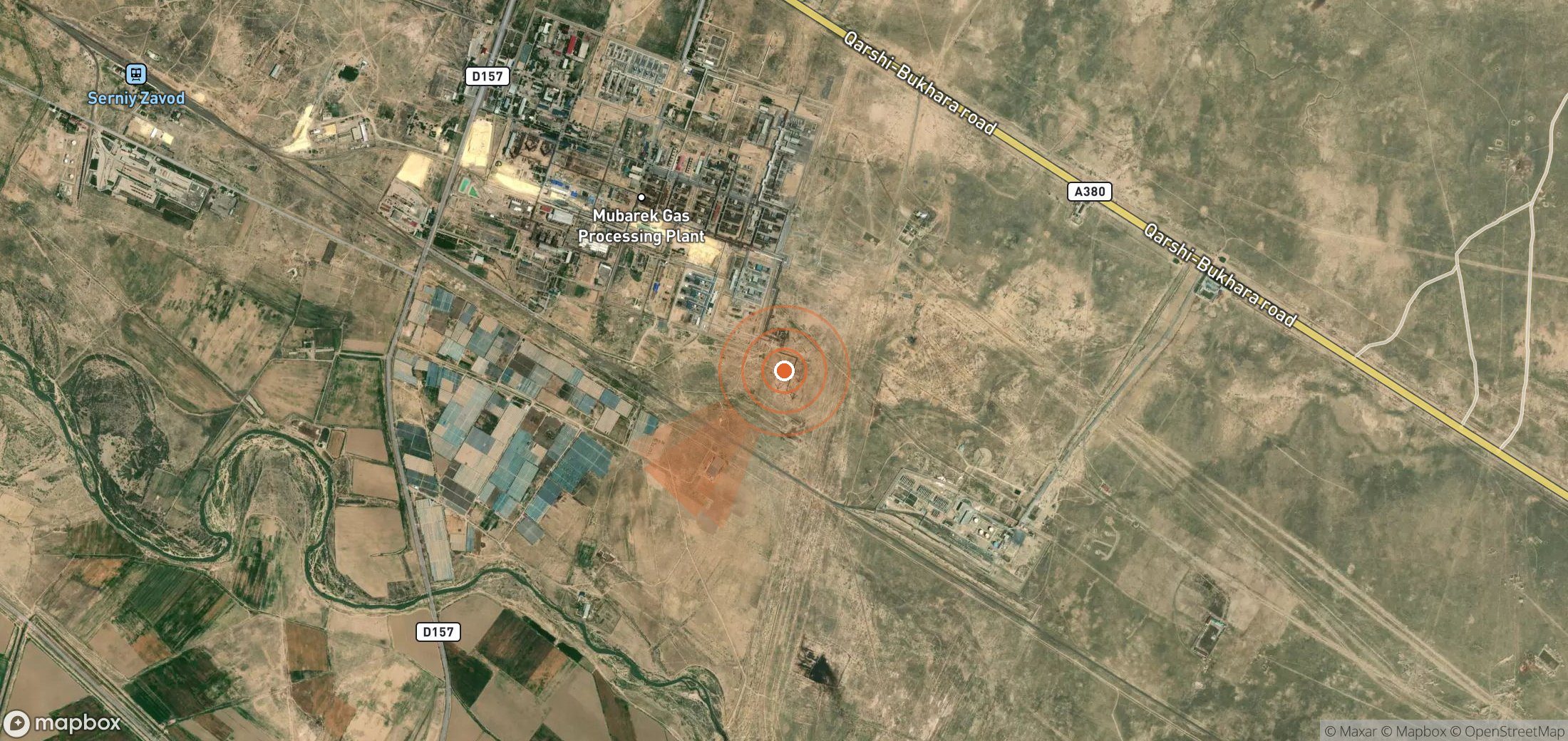 Mapa satelital de plumas de metano en Uzbekistán